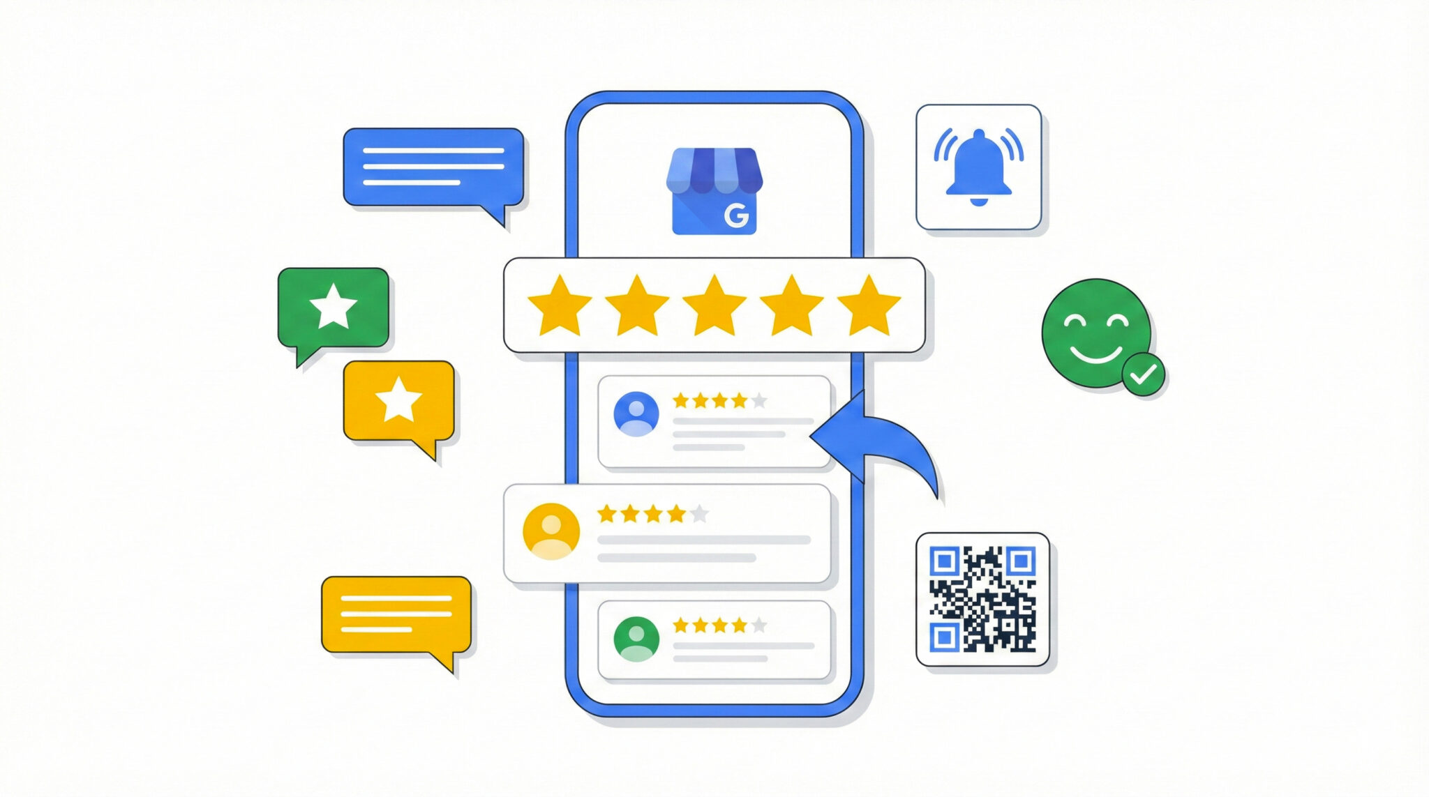 Recensioni Google: Come Ottenerle e Gestirle nel 2026 9 Illustrazione gestione recensioni Google: smartphone con profilo attività e stelle di valutazione