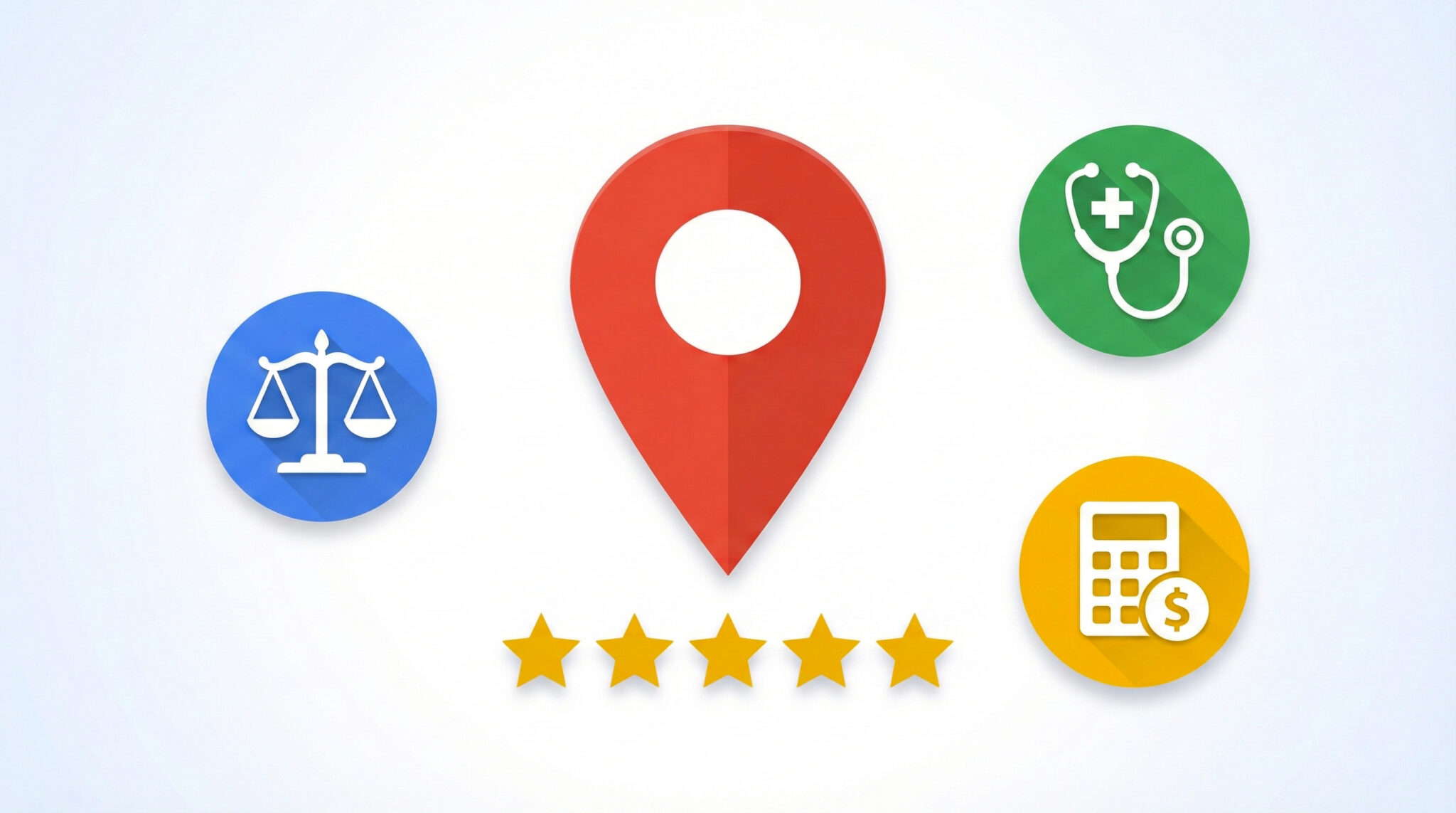 Illustrazione Local SEO per professionisti: icona Google Maps con simboli di avvocato, medico e commercialista, stelle recensioni e smartphone con risultati locali