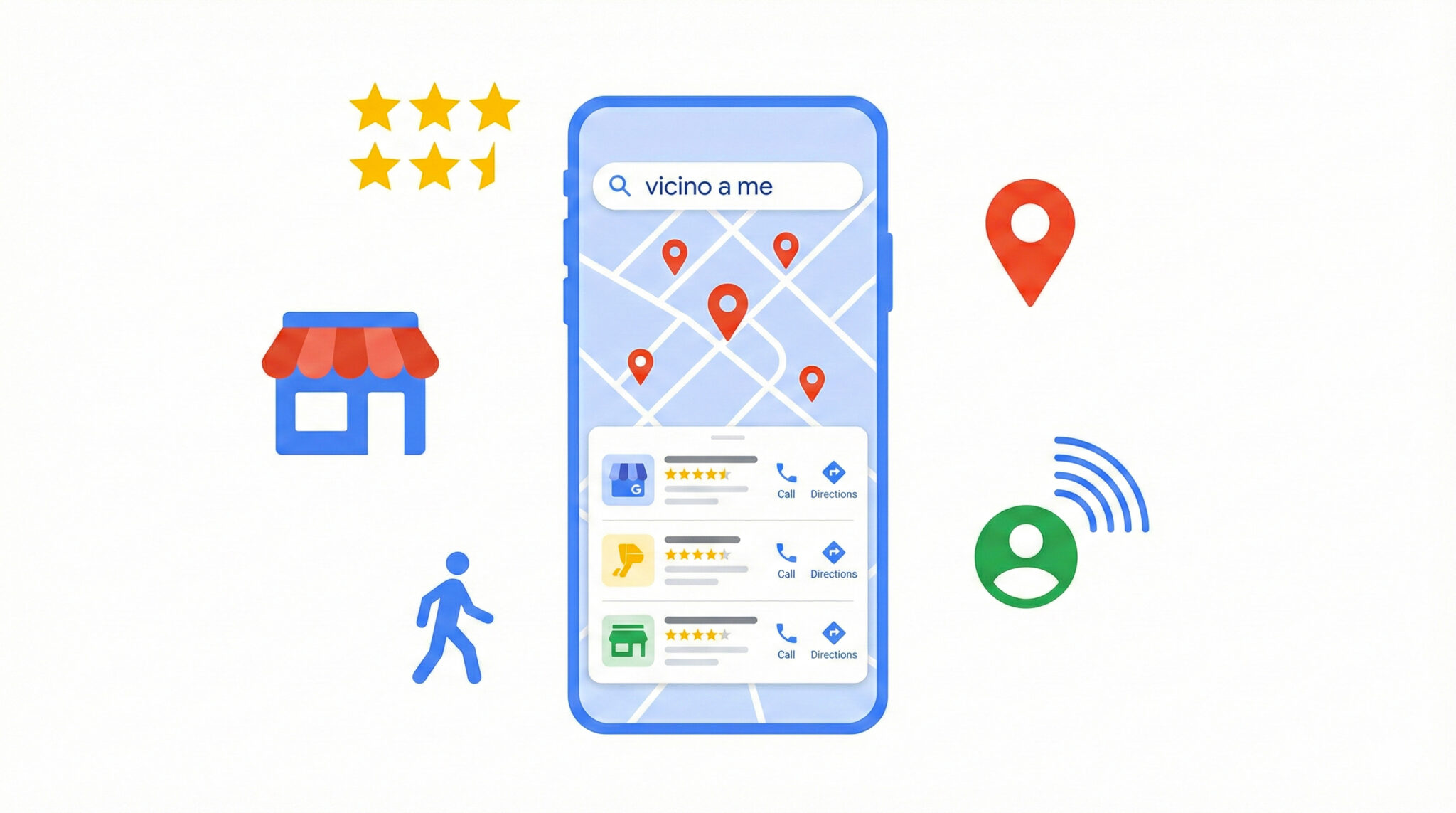 Come Posizionarsi per Ricerche "Vicino a Me": Guida Pratica 2026 11 Illustrazione ricerche vicino a me: smartphone con mappa Local Pack Google e pin attività locali