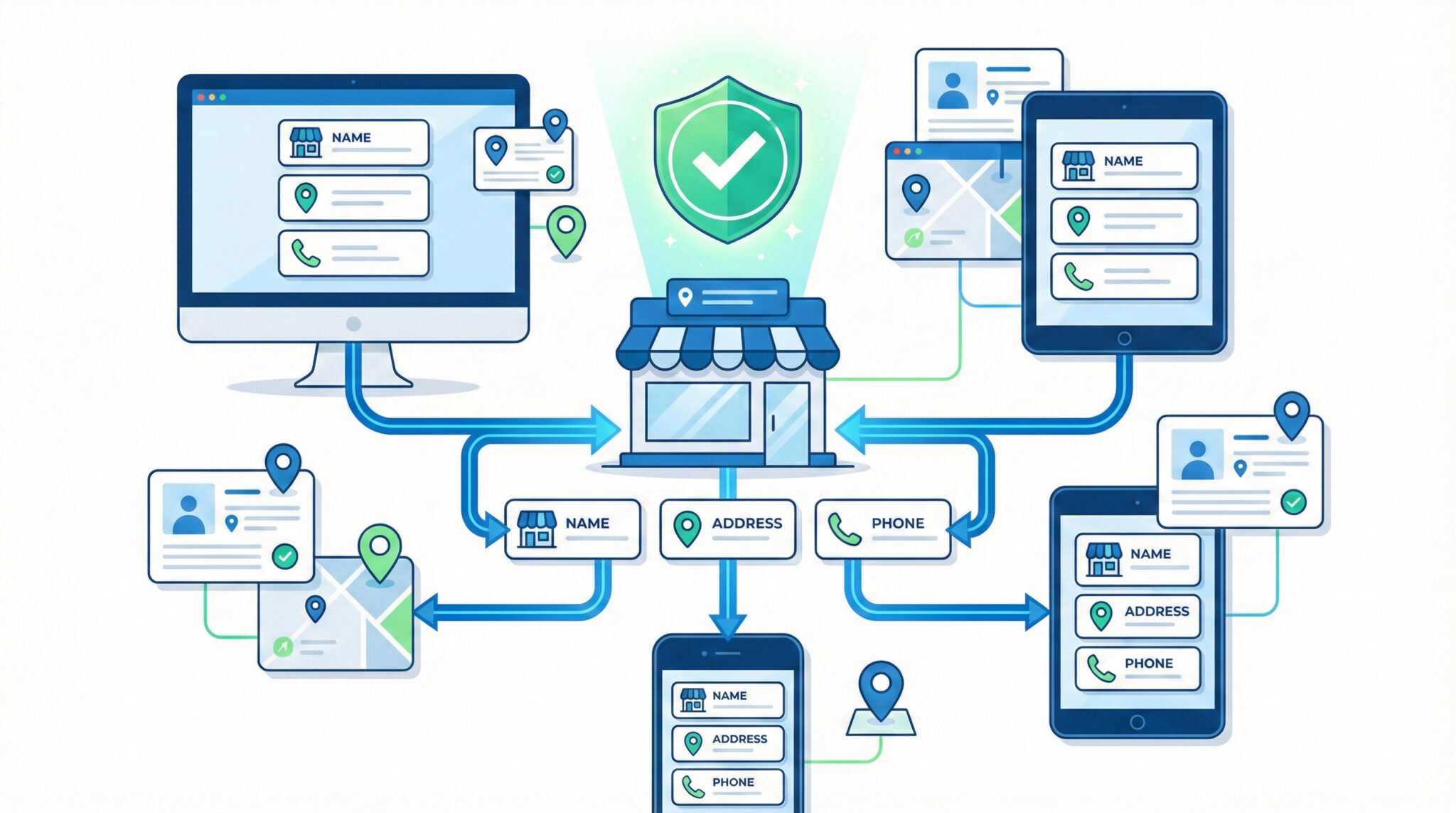 NAP Consistency: Cos'è e Perché È Fondamentale per la Local SEO 7 Infografica NAP consistency: dispositivi multipli che mostrano dati aziendali identici (nome, indirizzo, telefono) sincronizzati tra Google Business Profile, directory locali e sito web