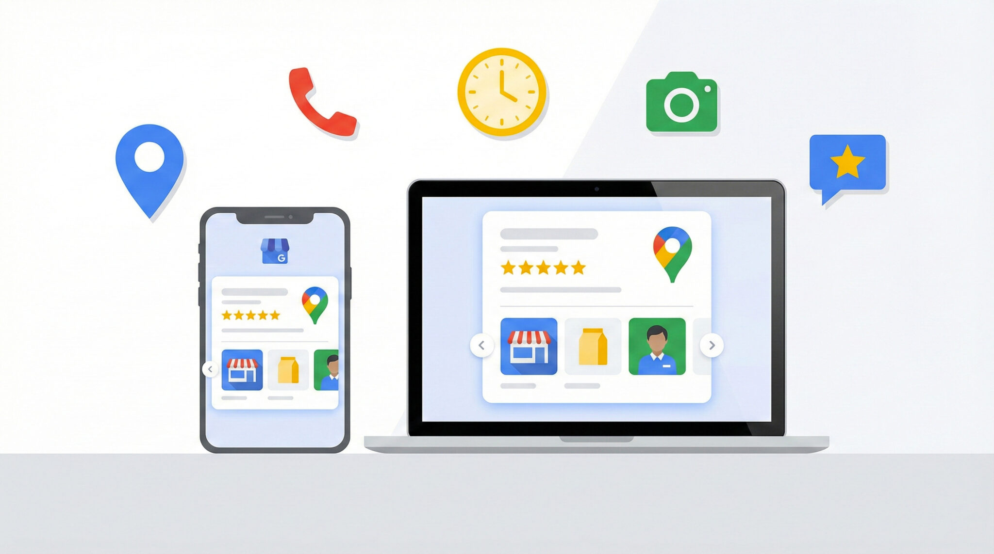 Google Business Profile: ottimizzazione passo passo 13 Professional flat illustration of a Google Business Profile optimization concept