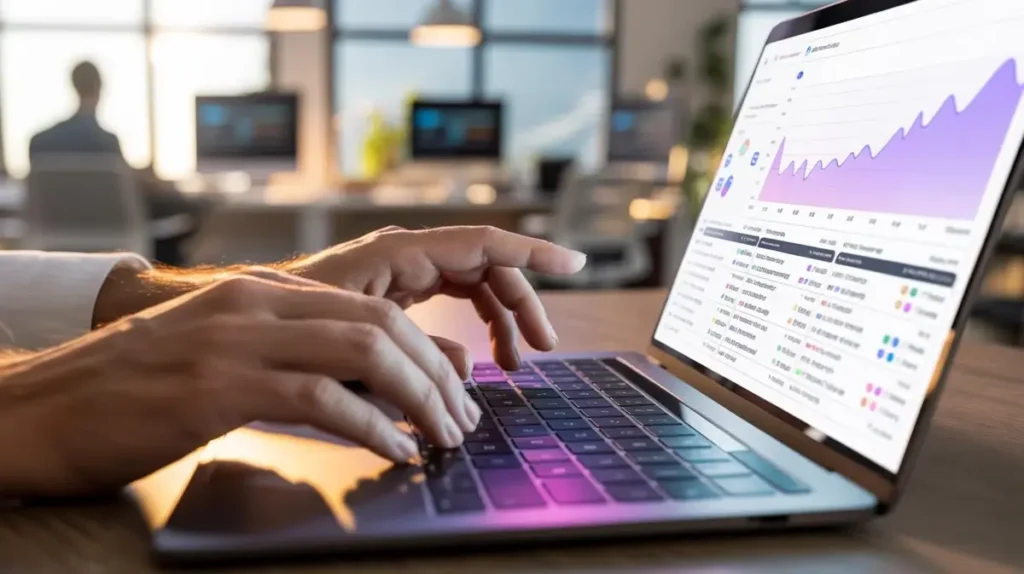 Mani su laptop con dashboard analytics e grafici di crescita