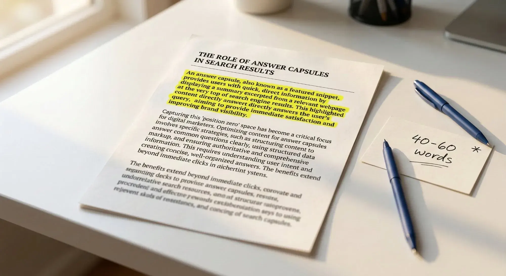 Documento con answer capsule evidenziata in giallo e post-it con indicazione 40-60 words per ottimizzazione featured snippet