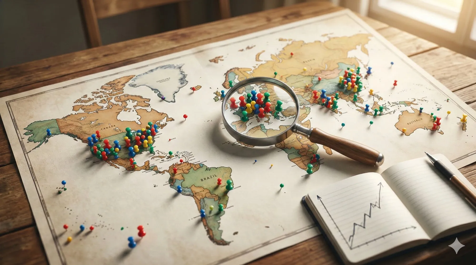 Brand Mention e Visibilità AI: la Correlazione 21 Mappa del mondo con puntine colorate e lente di ingrandimento sull'Europa per analisi brand mention e visibilità AI