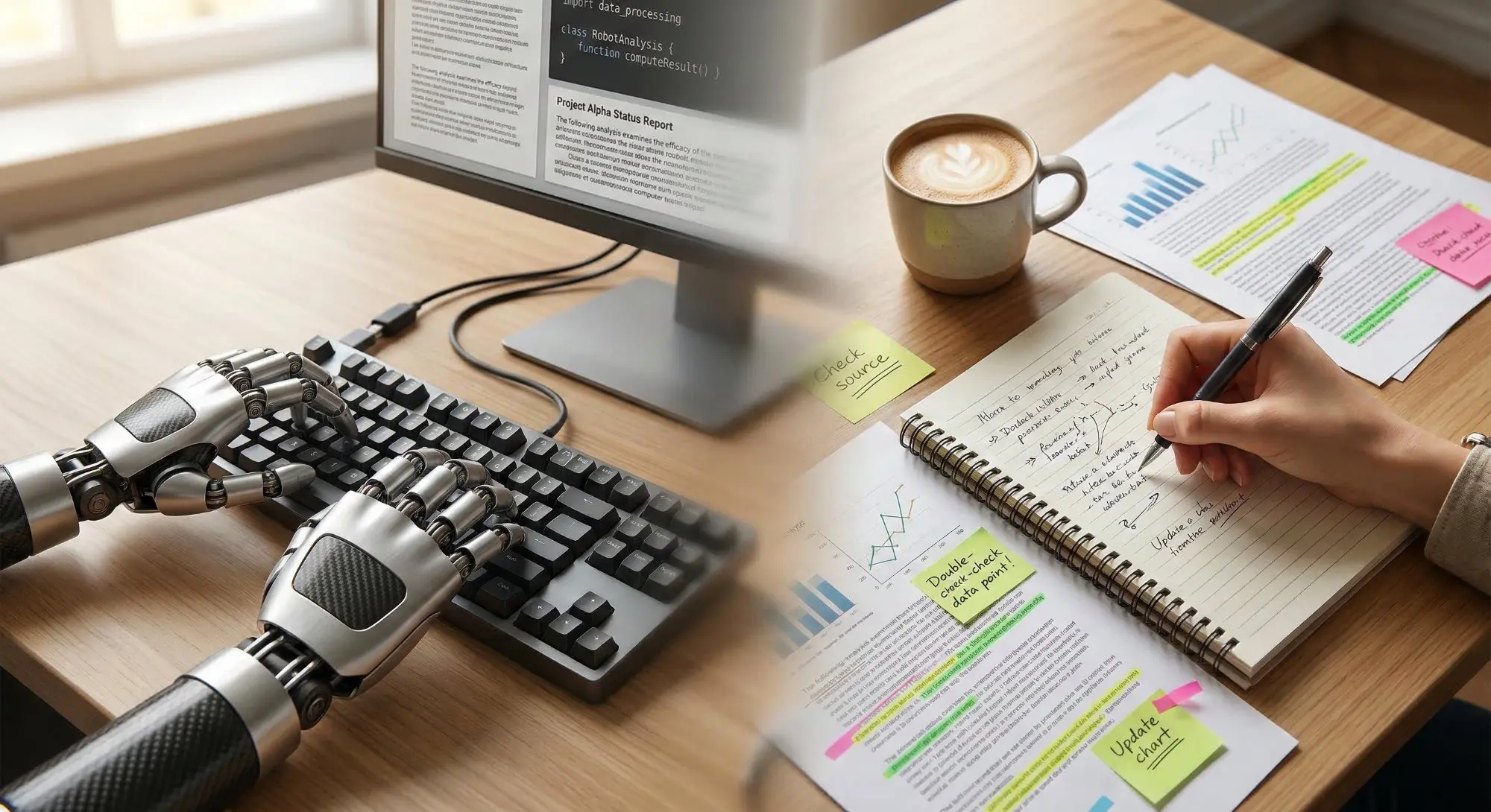 Mano robotica sulla tastiera e mano umana che scrive su quaderno con post-it check source e double-check data point