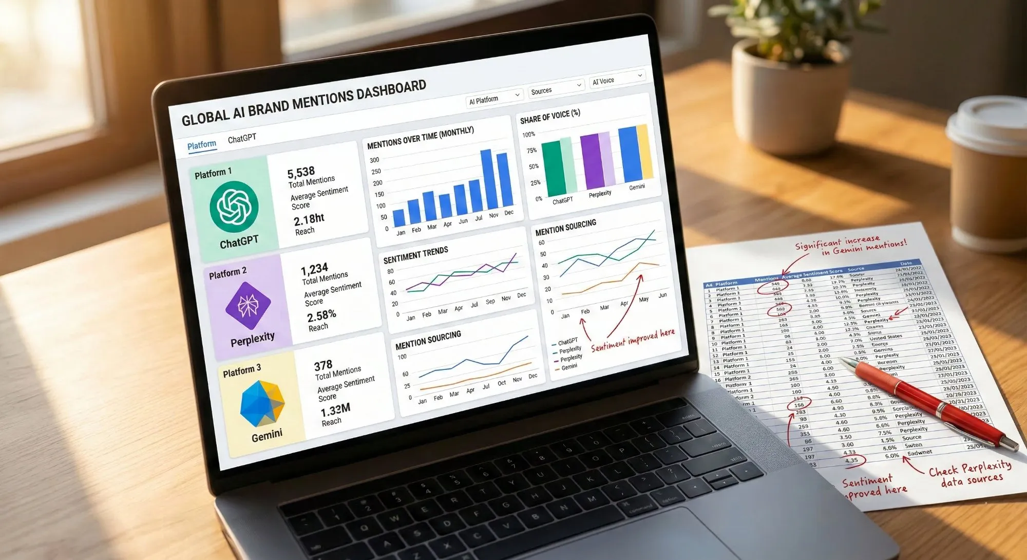 Come Tracciare la Visibilità AI del Tuo Brand 15 Dashboard AI brand mentions con grafici menzioni mensili, sentiment trend e share of voice su ChatGPT, Perplexity e Gemini