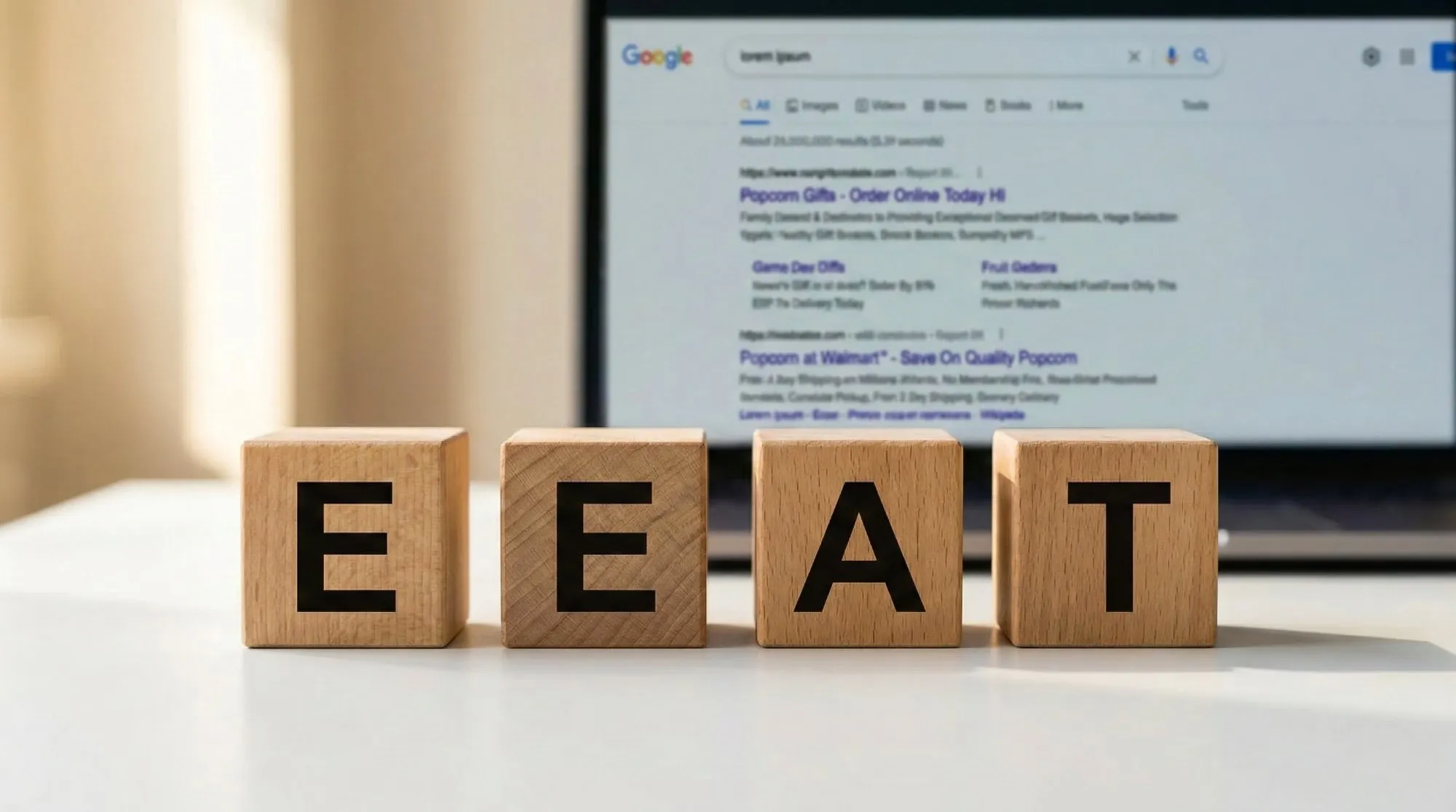 Quattro cubi di legno con lettere E E A T davanti a schermata risultati di ricerca Google su laptop