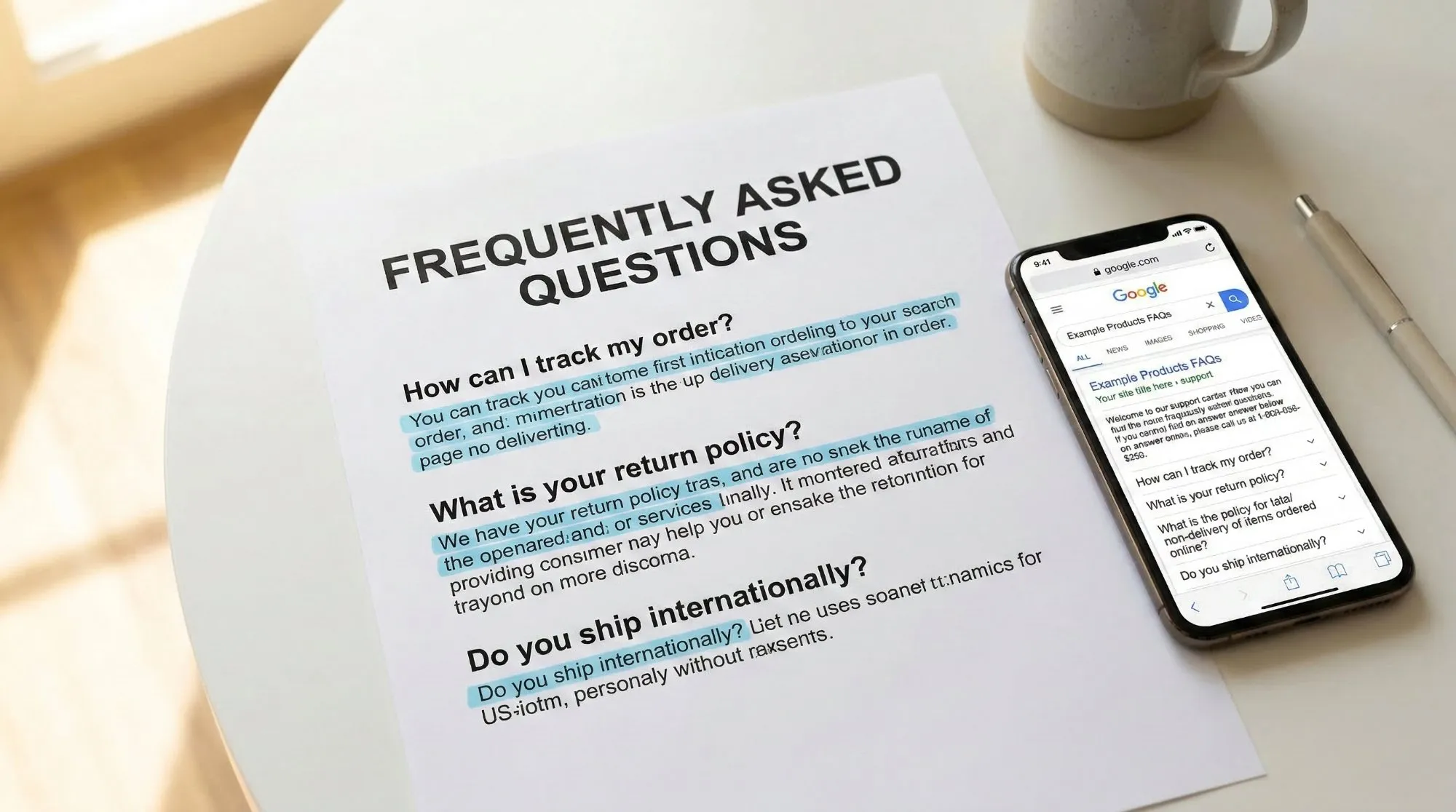 Foglio con FAQ e risposte evidenziate accanto a smartphone con rich results FAQ nella ricerca Google