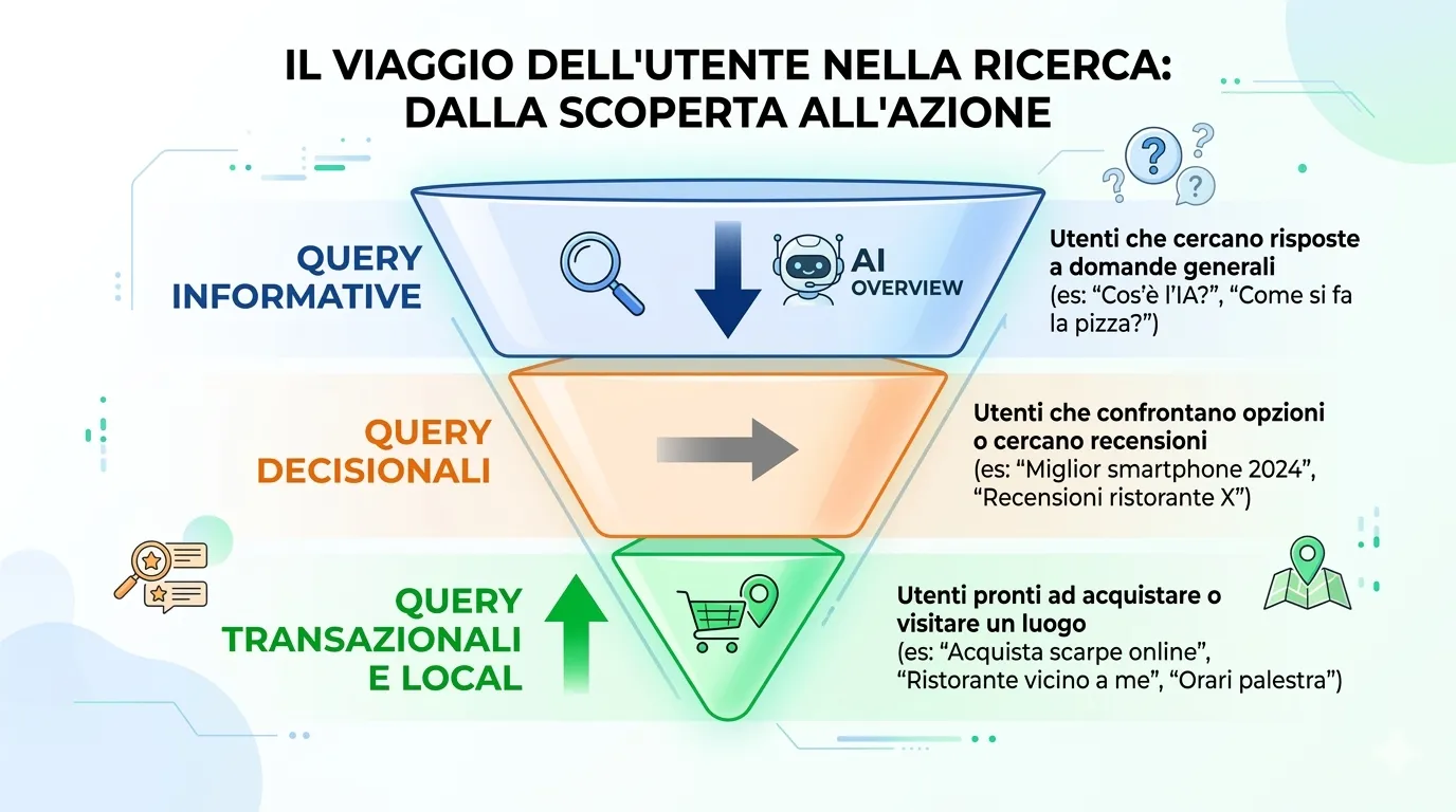 Funnel a imbuto con tre livelli: query informative con AI Overview in alto, query decisionali al centro, query transazionali e local in basso