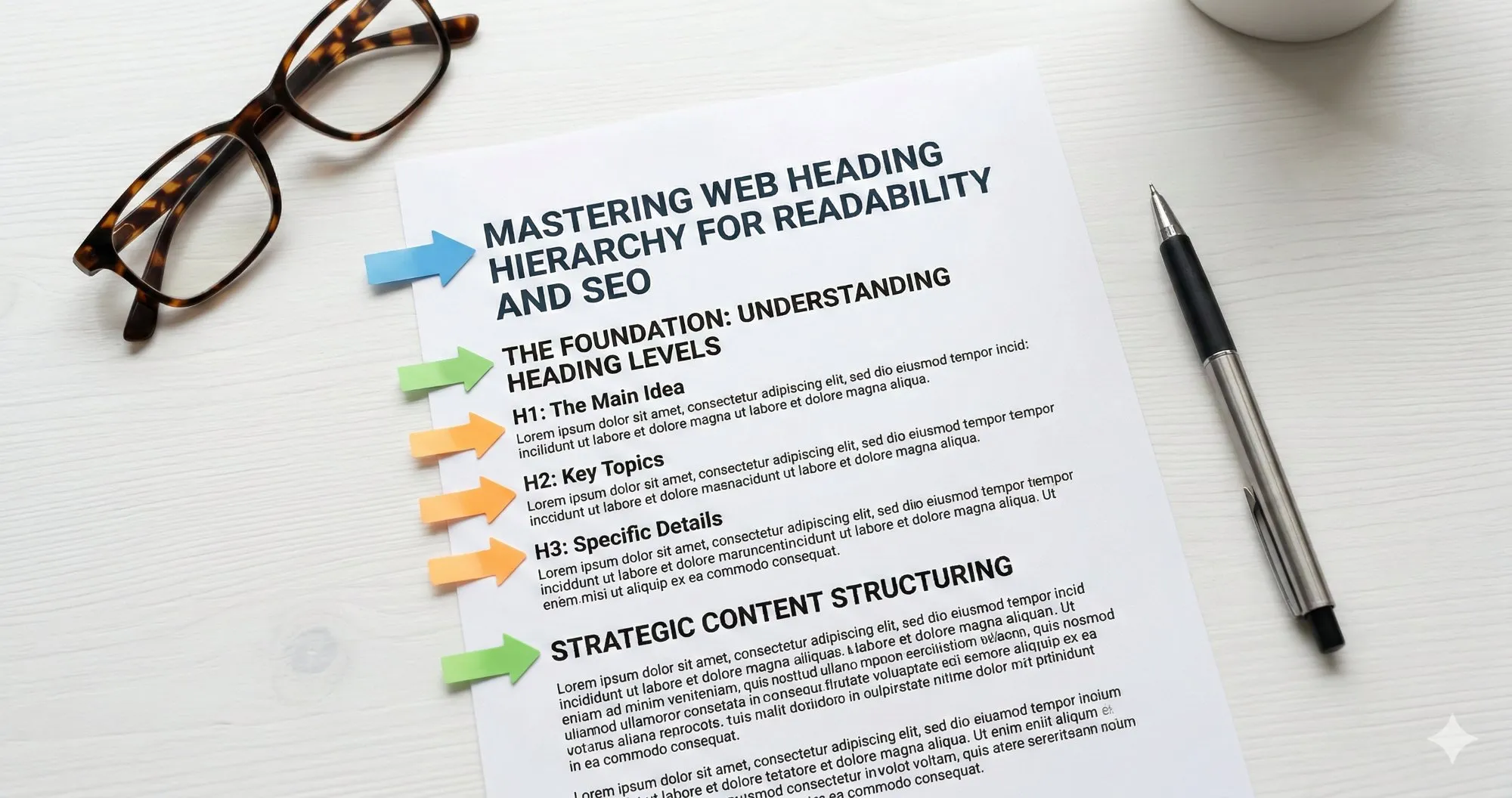 Documento stampato con gerarchia heading H1 Main Idea, H2 Key Topics, H3 Specific Details e frecce colorate per struttura SEO