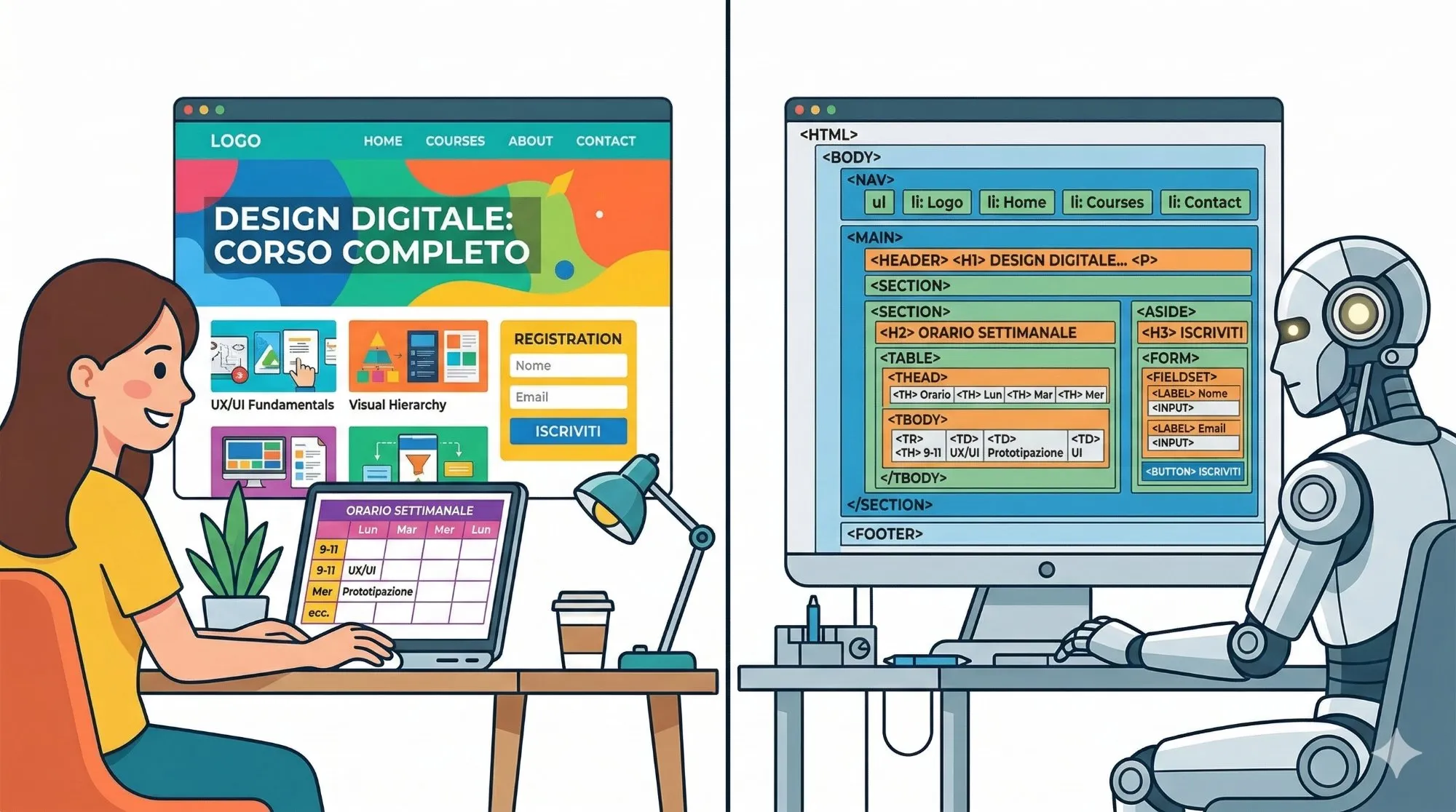 Illustrazione confronto: utente vede pagina web visuale, bot AI legge struttura HTML semantica con tag nav, header, section, table