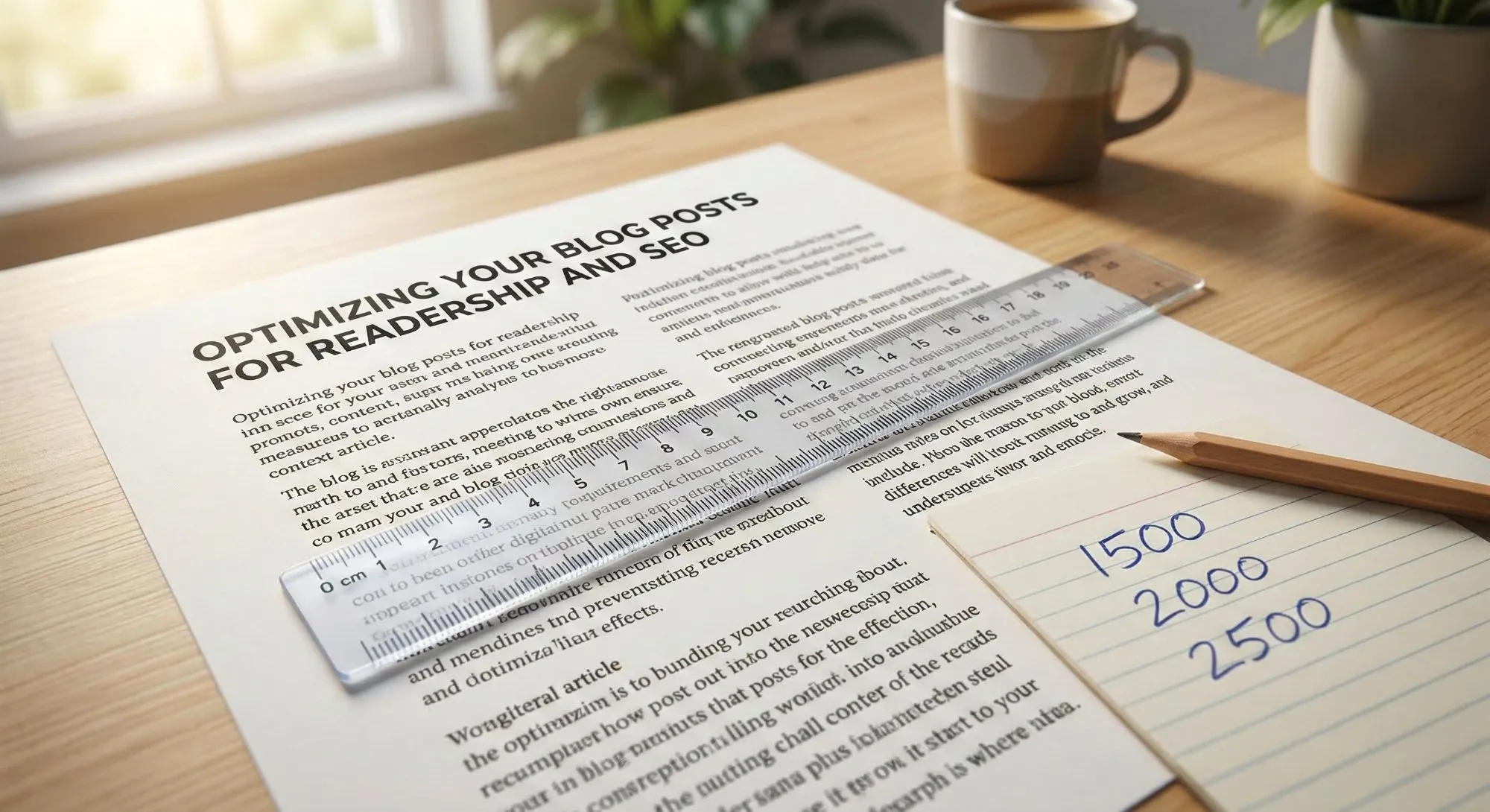 Articolo blog stampato con righello e appunti con numeri 1500, 2000, 2500 parole per lunghezza ottimale SEO