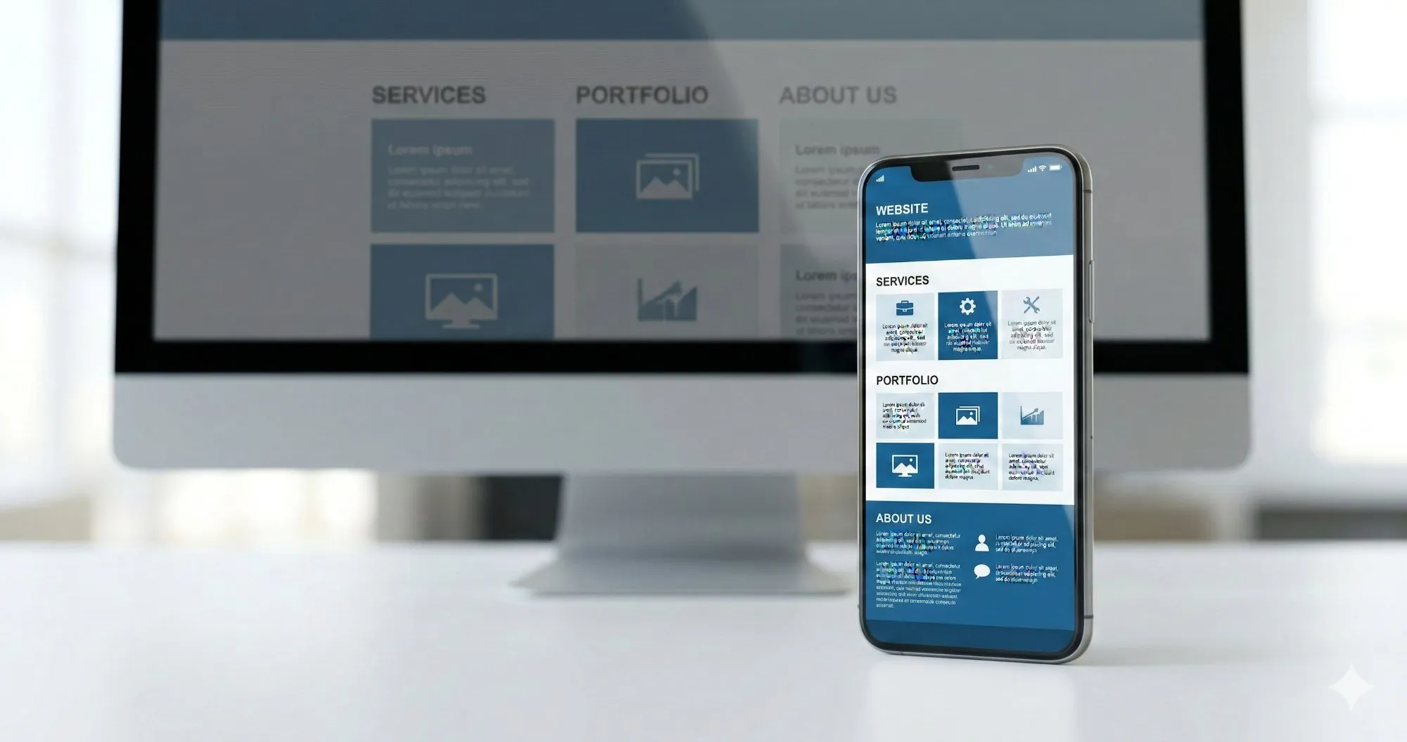 Mobile-First Indexing: cosa significa per il tuo sito? 23 Sito web responsive visualizzato su monitor desktop e smartphone con sezioni Services, Portfolio e About Us