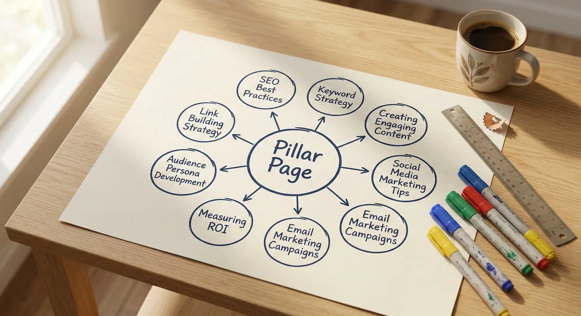 Schema pillar page su foglio con cluster collegati: SEO, keyword strategy, content, link building, audience persona e ROI