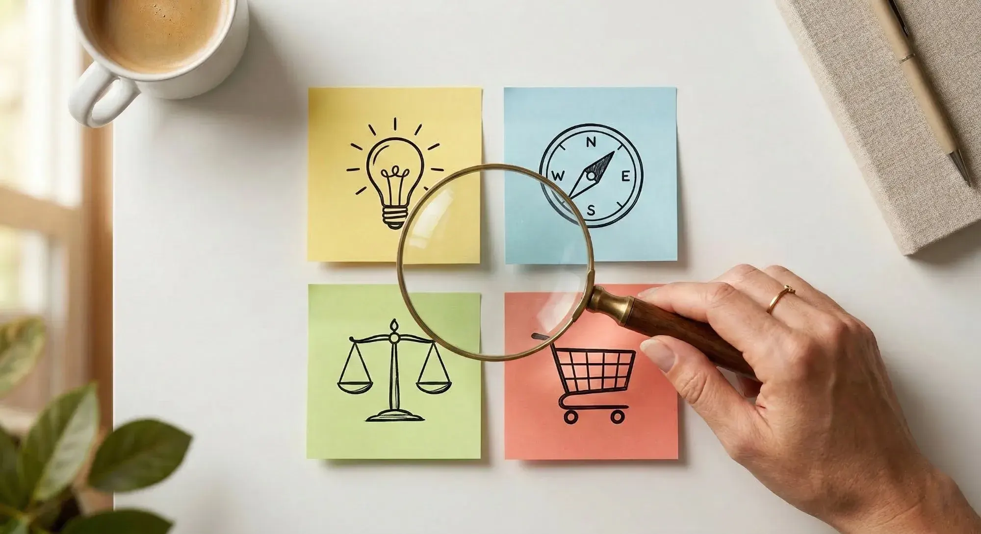 Quattro post-it con icone dei search intent: lampadina informativo, bussola navigazionale, bilancia commerciale, carrello transazionale