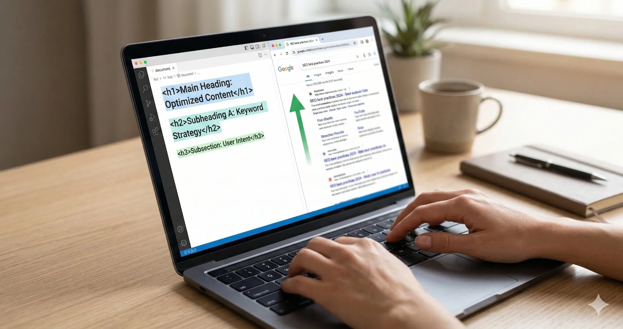 Laptop con editor HTML che mostra gerarchia heading H1 H2 H3 ottimizzati e risultati di ricerca Google in prima posizione