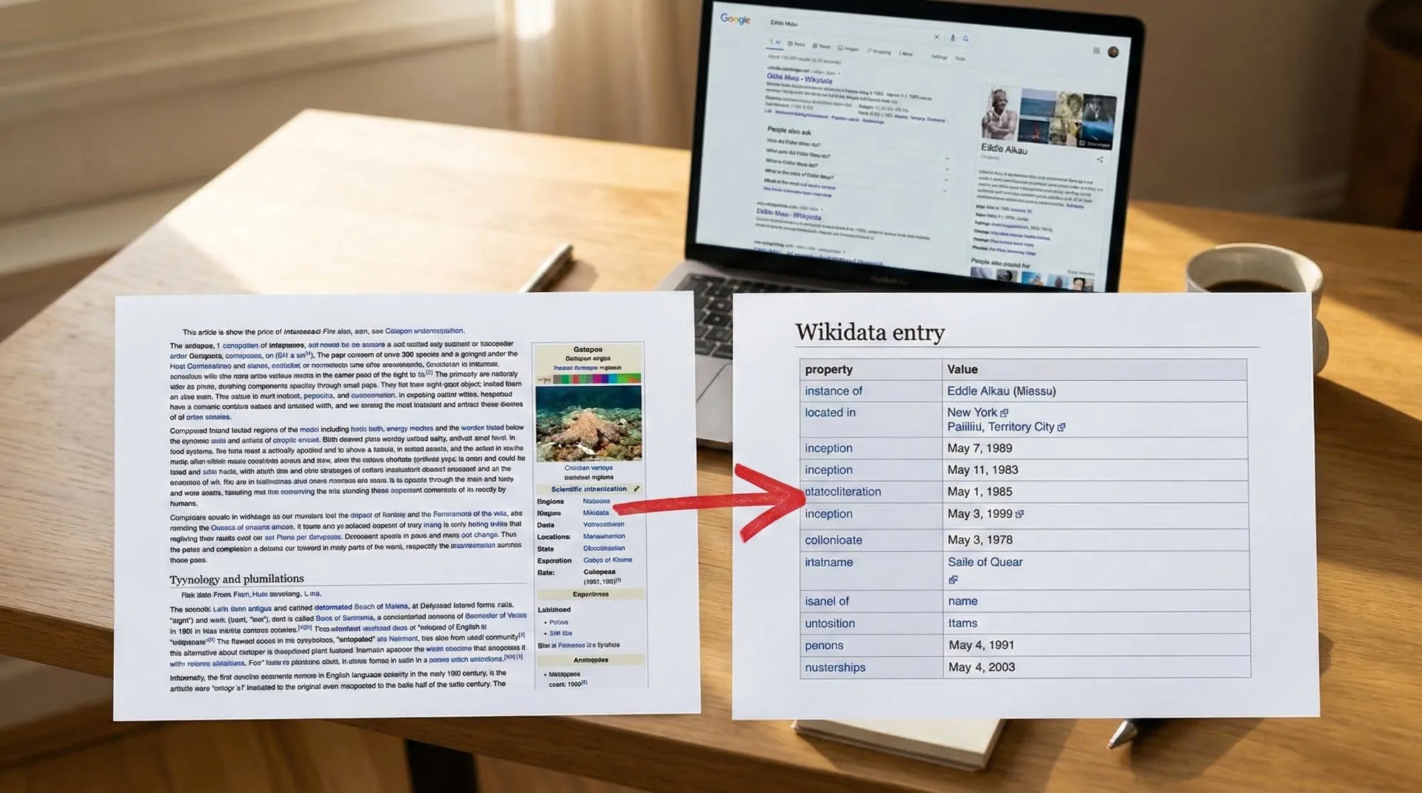 Wikipedia e Wikidata per la Visibilità AI 19 Articolo Wikipedia con freccia verso entry Wikidata e Knowledge Panel Google sullo sfondo per visibilità AI