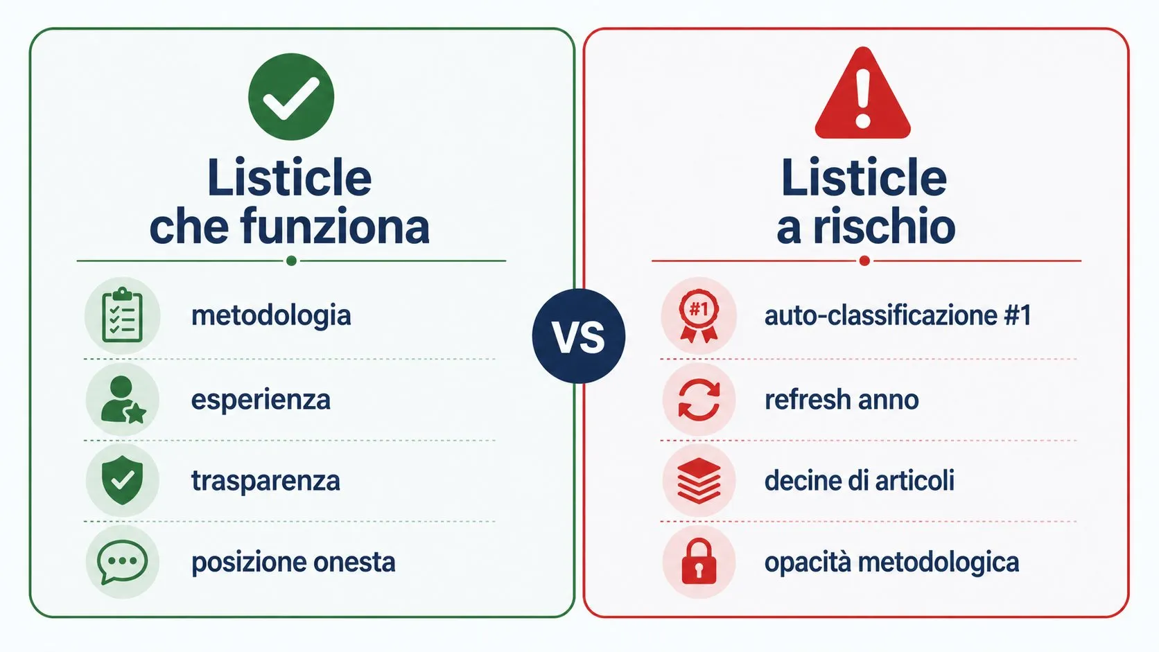 Confronto listicle: a sinistra quella che funziona con metodologia, esperienza, trasparenza; a destra quella a rischio con auto-classificazione e opacità