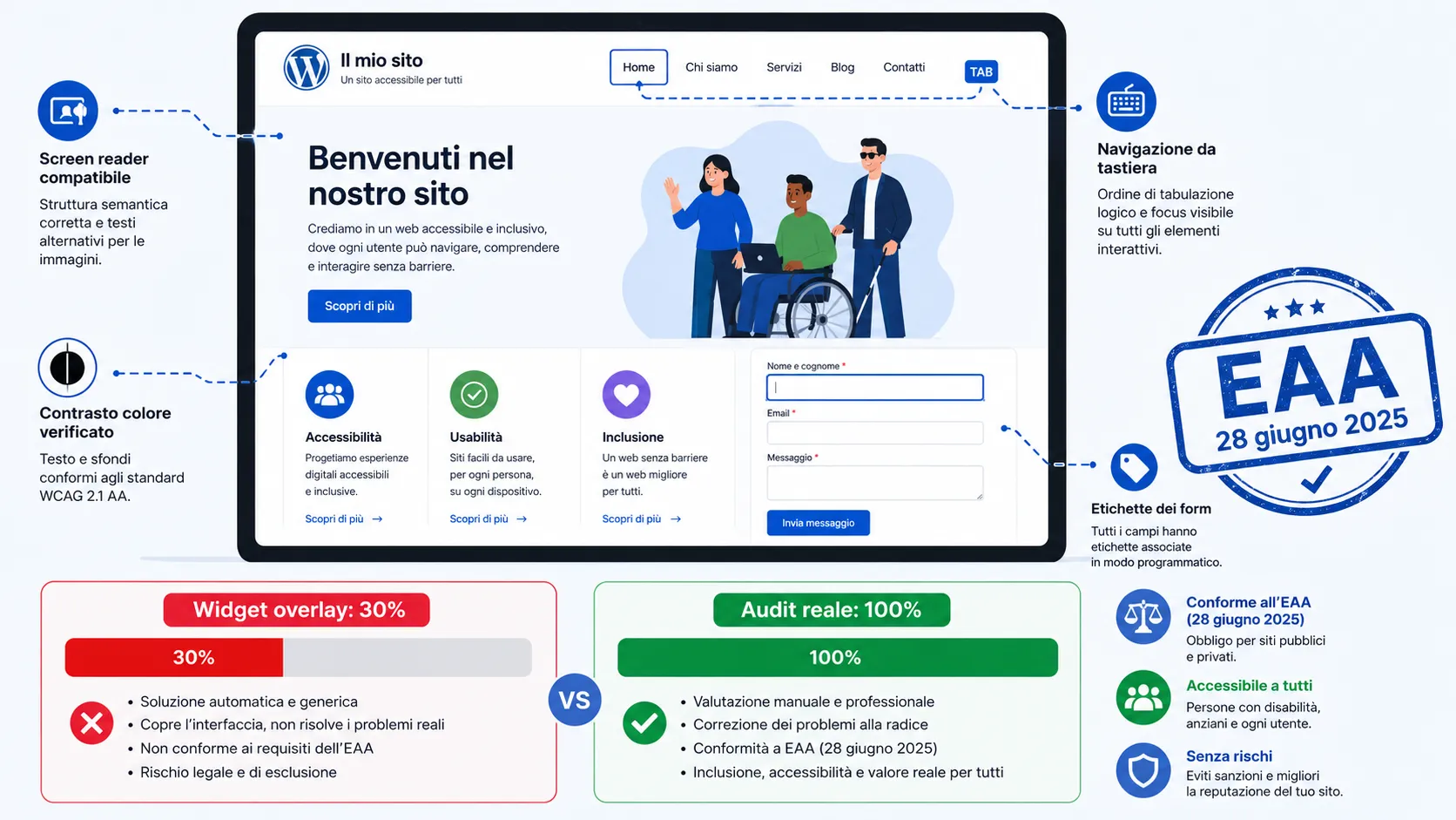 European Accessibility Act: cosa cambia per le PMI italiane (e perché aiuta la SEO) 17 Sito WordPress accessibile con annotazioni screen reader, navigazione tastiera, contrasto WCAG e confronto widget overlay 30% vs audit reale 100%