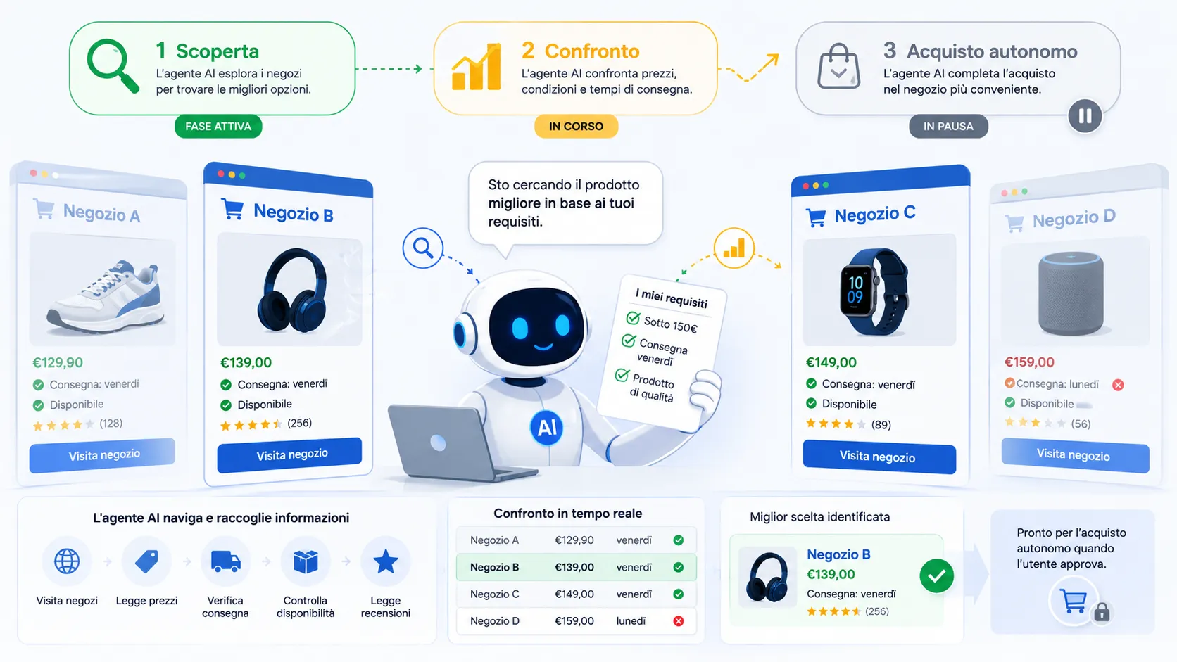 Agentic commerce: cosa devono fare le PMI italiane quando l'AI compra per l'utente 17 Infografica agente AI shopping in 3 fasi: scoperta negozi, confronto prezzi e consegna in tempo reale, acquisto autonomo approvato dall'utente