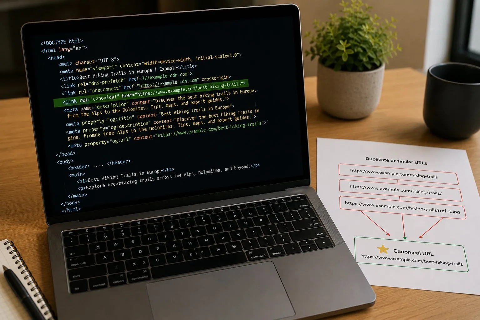 Canonical Tag: Quando e Come Usarlo 9 Laptop con codice HTML e link rel canonical evidenziato, accanto a schema URL duplicati che convergono verso URL canonico