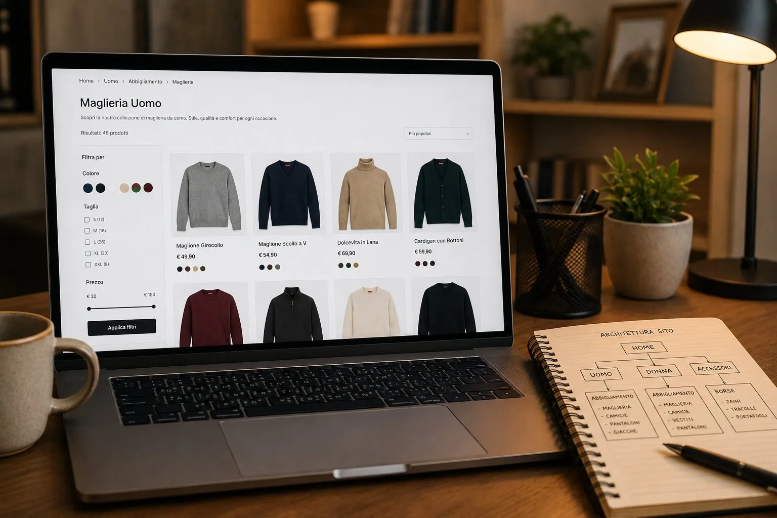 Categorie E-commerce: Struttura SEO Ottimale 11 Laptop con pagina categoria maglieria uomo, filtri colore taglia prezzo e quaderno con schema architettura sito e-commerce