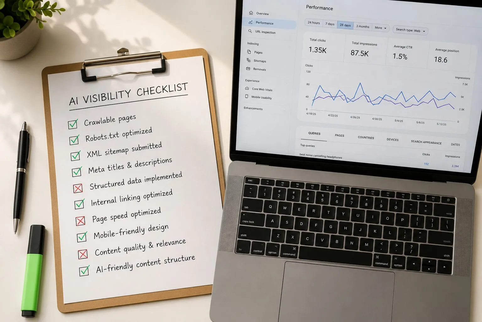 Audit SEO Operativo: Checklist Completa 13 Clipboard con AI visibility checklist di 10 punti spuntati e non, accanto a laptop con Google Search Console e dati performance