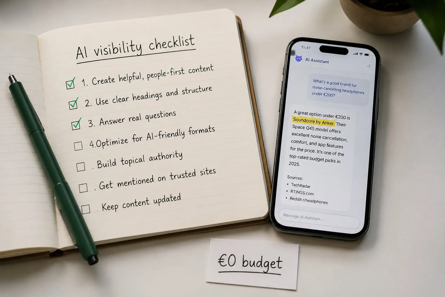 GEO per PMI: 7 Strategie a Costo Zero 7 Quaderno con AI visibility checklist di 7 punti, smartphone con risposta AI Assistant che cita fonti, e biglietto zero euro budget