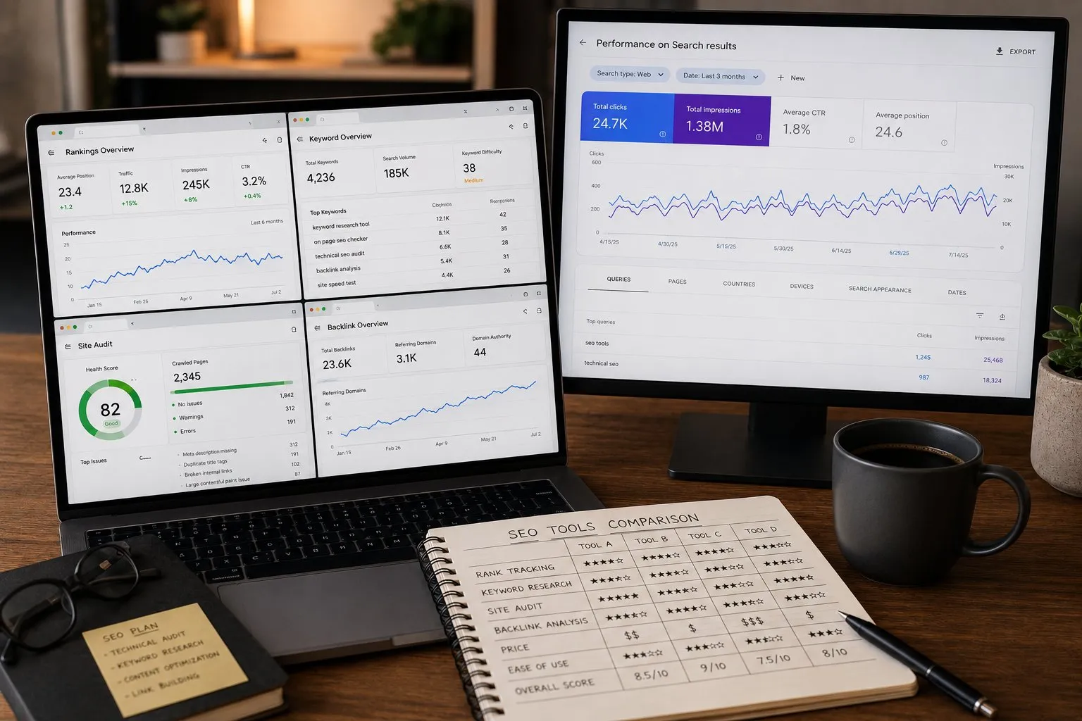 Strumenti SEO: la Guida Completa per Scegliere i Tool Giusti 3 Laptop con dashboard ranking, keyword e site audit, monitor con Search Console e quaderno confronto tool SEO con punteggi