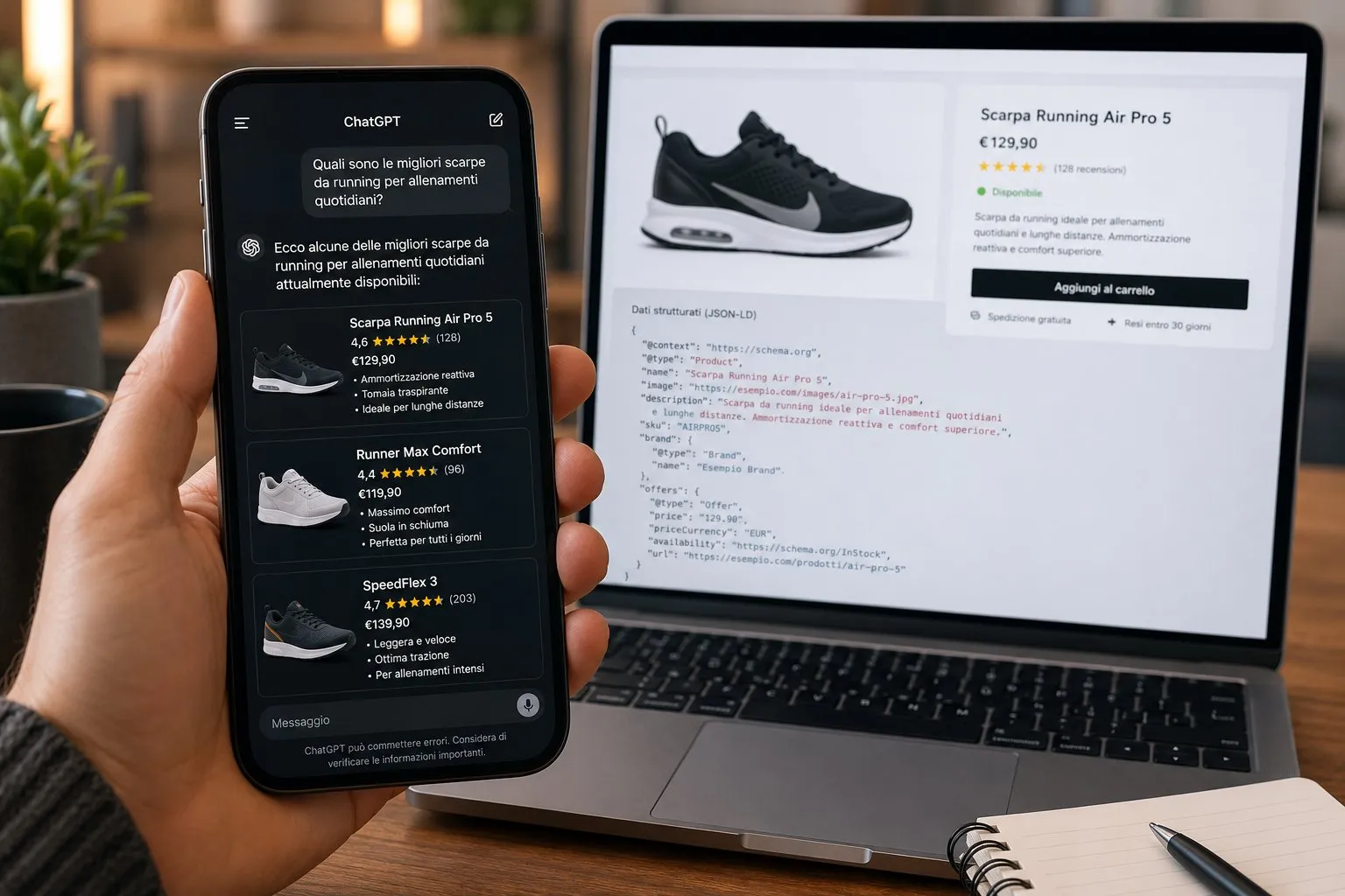 E-commerce e AI Search: Farsi Raccomandare da ChatGPT 1 Smartphone con ChatGPT che raccomanda scarpe running con prezzi e recensioni, laptop con scheda prodotto e codice Product Schema