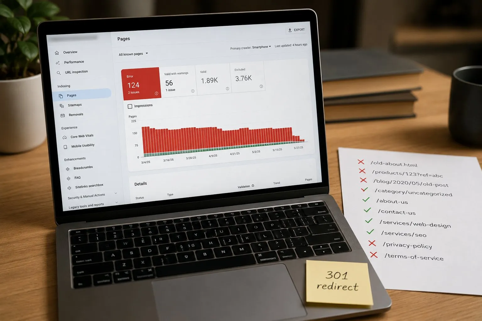 Errori 404 e Crawl Error: Come Trovarli e Risolverli 11 Laptop con Search Console sezione Pages e 124 errori, lista URL con spunte verdi e rosse e post-it 301 redirect