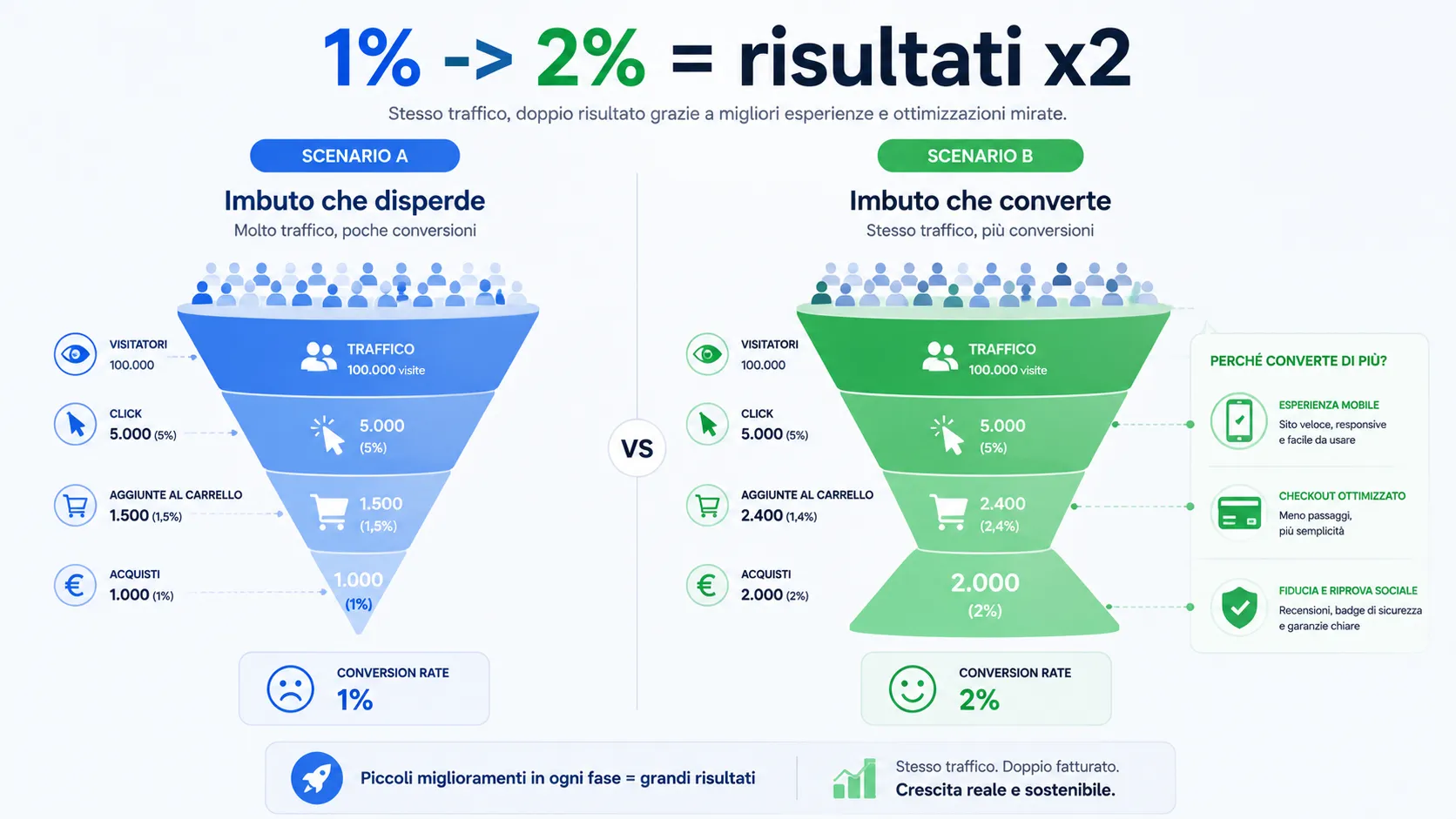 CRO per PMI: come aumentare le conversioni senza aumentare il traffico 9 Confronto due funnel e-commerce: imbuto che disperde a 1% vs imbuto ottimizzato al 2%, stesso traffico doppio fatturato