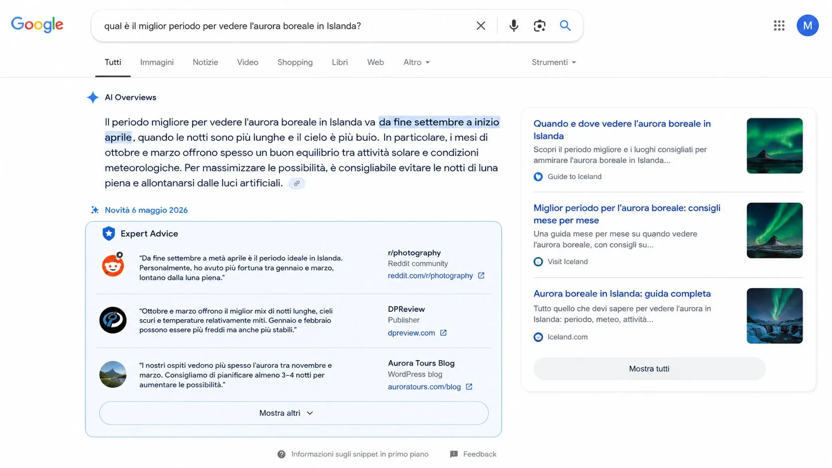 Google AI Overviews ora cita Reddit, forum e social: cosa cambia per le PMI italiane 23 SERP Google con AI Overviews e sezione Expert Advice con citazioni da Reddit, DPReview e blog WordPress, novità 6 maggio 2026