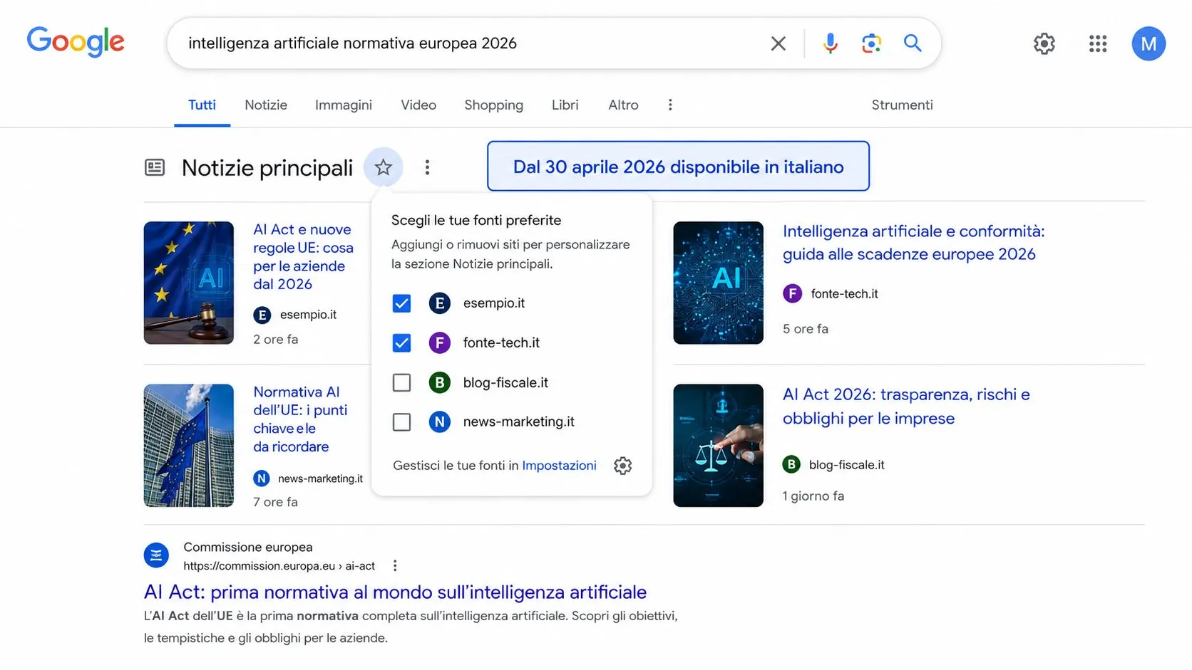 Google Preferred Sources in italiano: cosa cambia per le PMI italiane nel 2026 13 SERP Google con sezione Notizie principali e popup Scegli le tue fonti preferite per personalizzare i risultati, disponibile in italiano, Google Preferred Sources