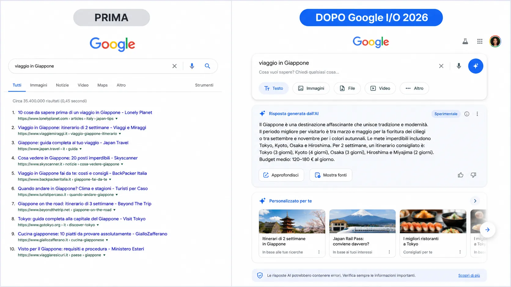 Google I/O 2026: la Search cambia per sempre. Cosa devono fare le PMI italiane 13 Confronto SERP Google prima con 10 link blu e dopo Google I/O 2026 con AI Mode, risposta generata e sezione personalizzata