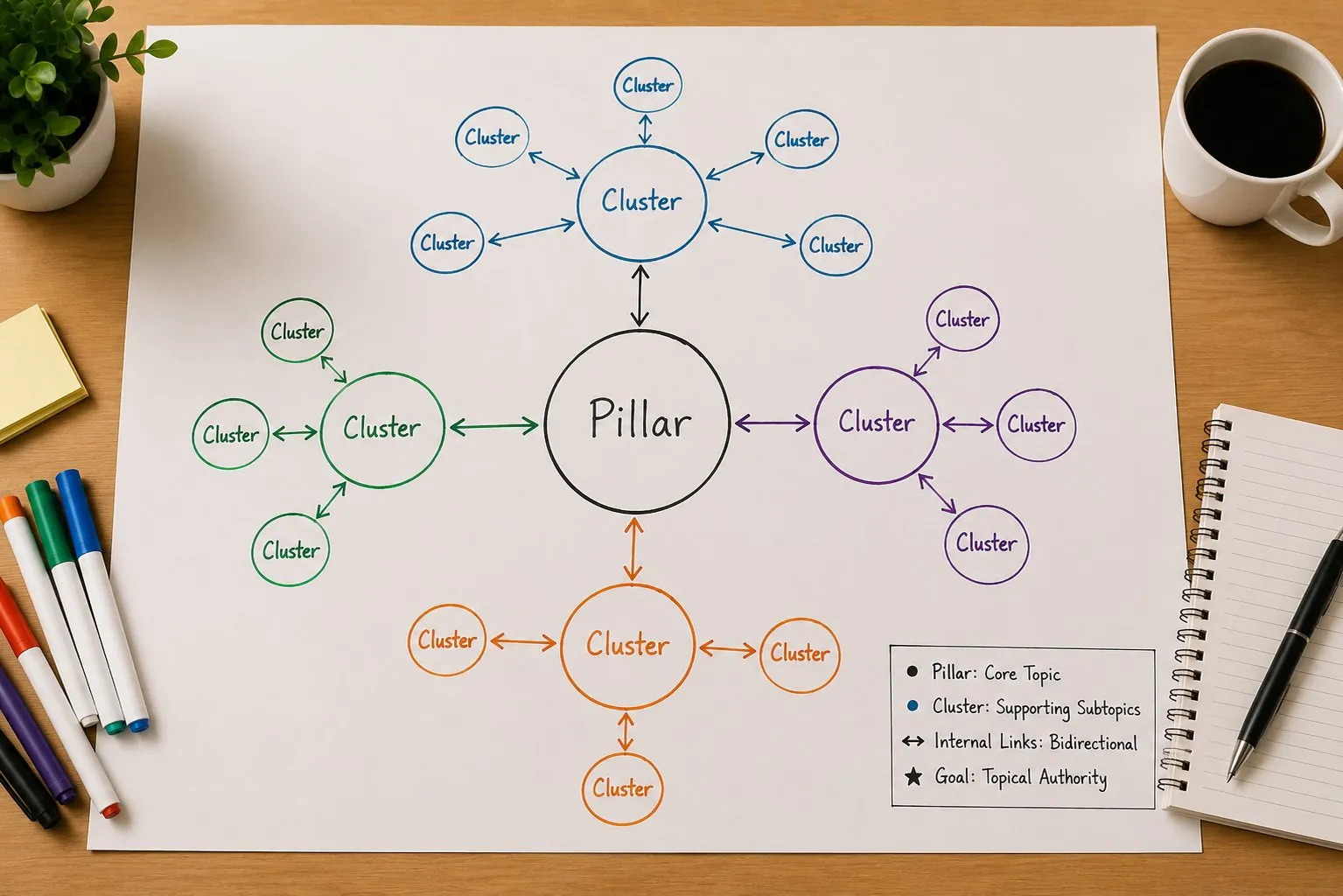 Internal Linking per PMI: Strategie che Funzionano 5 Schema internal linking su foglio con pillar al centro e quattro gruppi cluster collegati da frecce bidirezionali per topical authority