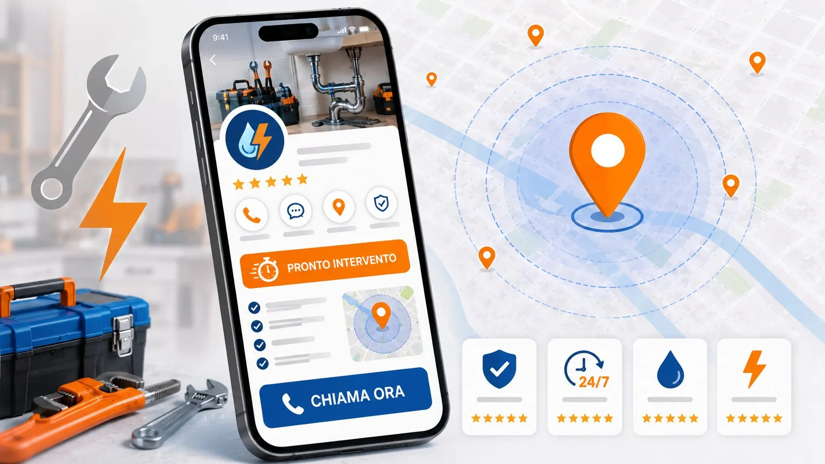 Sito web per idraulici ed elettricisti: come farsi trovare nelle urgenze 19 Scheda Google Business Profile di un idraulico con pronto intervento, valutazioni 5 stelle e pin di geolocalizzazione su mappa