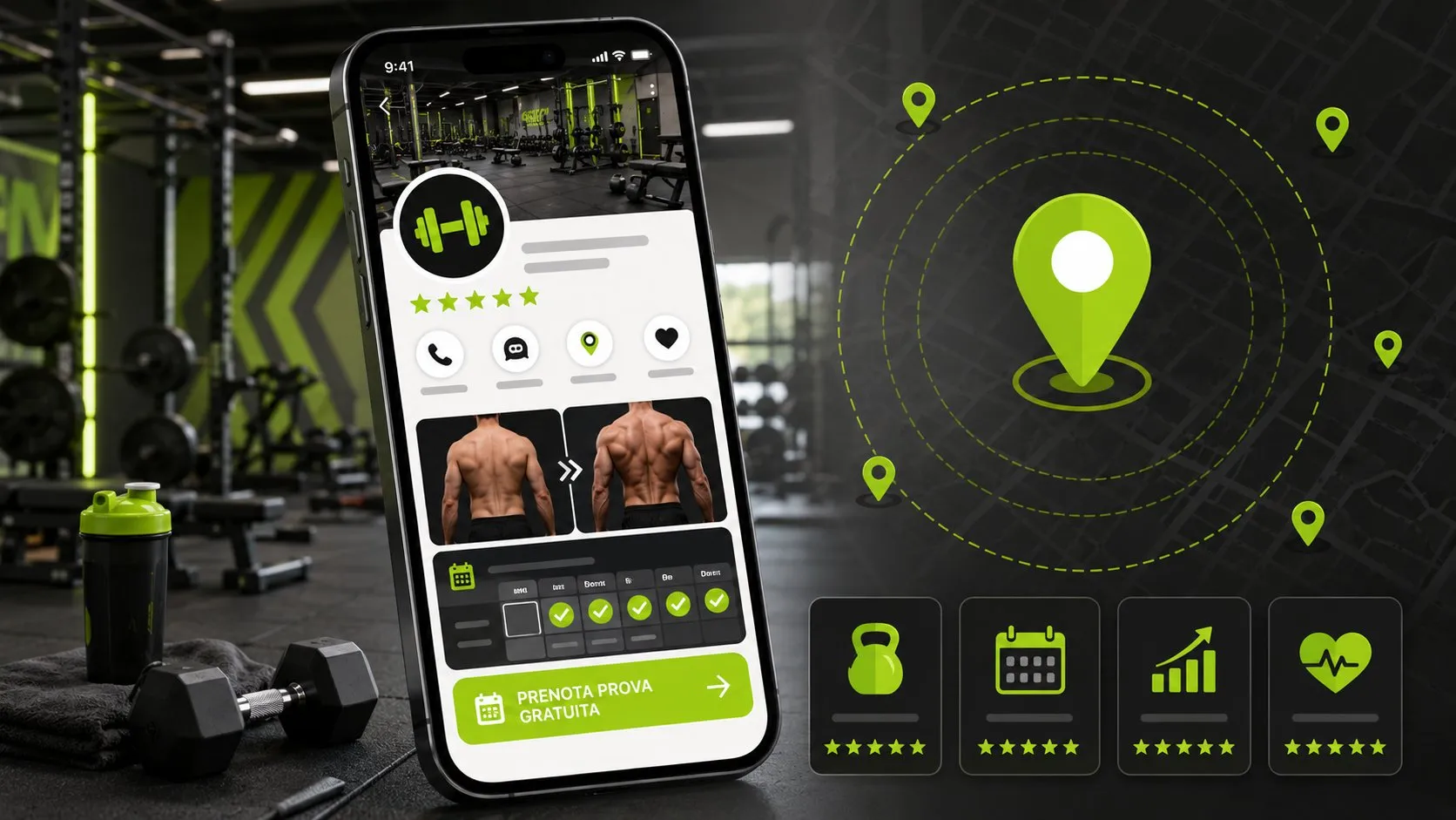 Sito web per palestre e personal trainer: come avere più iscritti 23 Scheda Google Business Profile di una palestra con foto prima e dopo, calendario corsi settimanali e CTA prenota prova gratuita