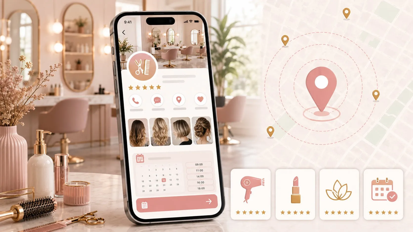 Sito web per parrucchieri ed estetiste: come riempire l'agenda 21 Scheda Google Business Profile di un salone di parrucchiere con galleria acconciature, calendario prenotazioni online e pin su mappa locale