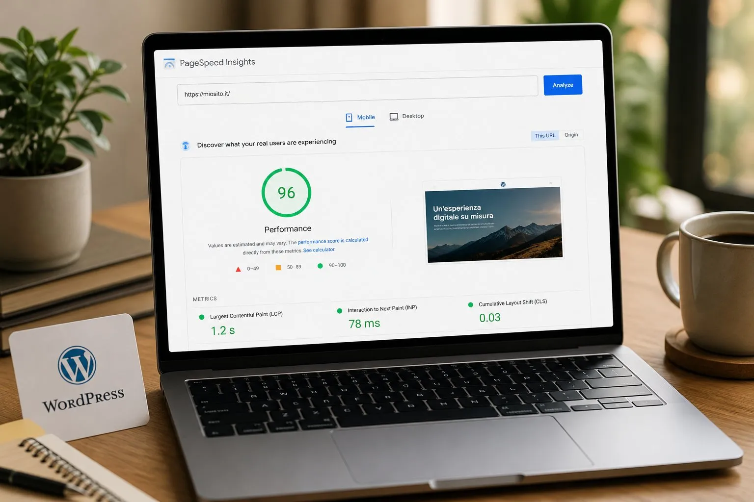 Core Web Vitals su WordPress: Ottimizzazione Pratica 1 PageSpeed Insights mobile con punteggio 96, LCP 1,2s, INP 78ms, CLS 0,03 tutti verdi su sito WordPress
