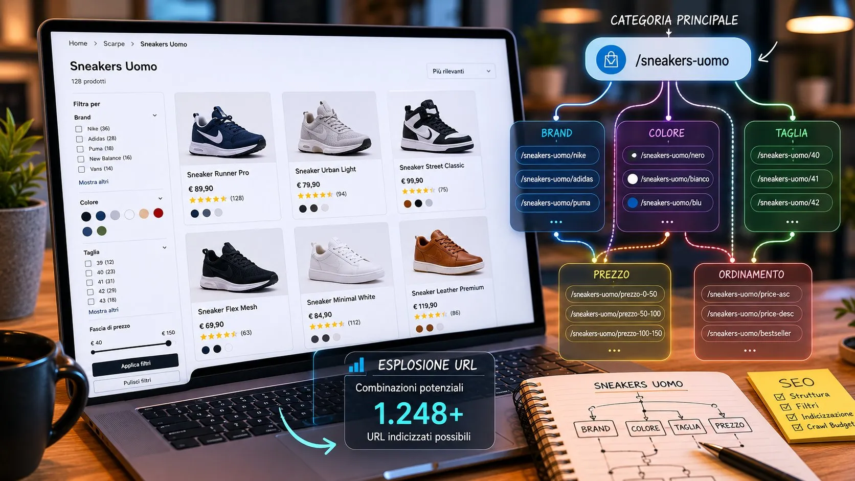 Filtri e Navigazione E-commerce: Impatto SEO 3 Pagina categoria sneakers con filtri brand, colore, taglia, prezzo e schema esplosione URL con 1248 combinazioni indicizzabili