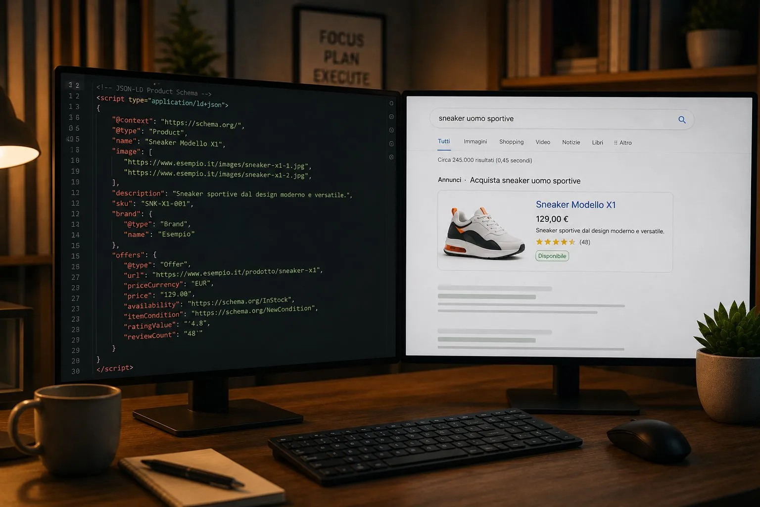 Product Schema per E-commerce: Come Implementarlo 9 Due monitor: a sinistra codice JSON-LD Product Schema con prezzo e recensioni, a destra rich snippet Google Shopping risultante