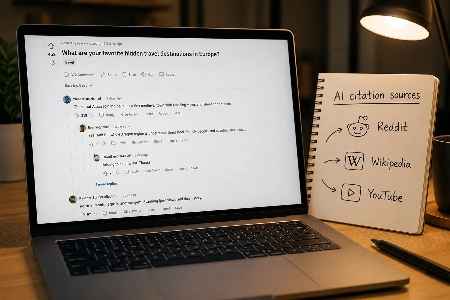 Reddit e AI Search: Perché Conta e Come Sfruttarlo 11 Thread Reddit su laptop con commenti e upvote, accanto a quaderno con fonti citazione AI: Reddit, Wikipedia e YouTube