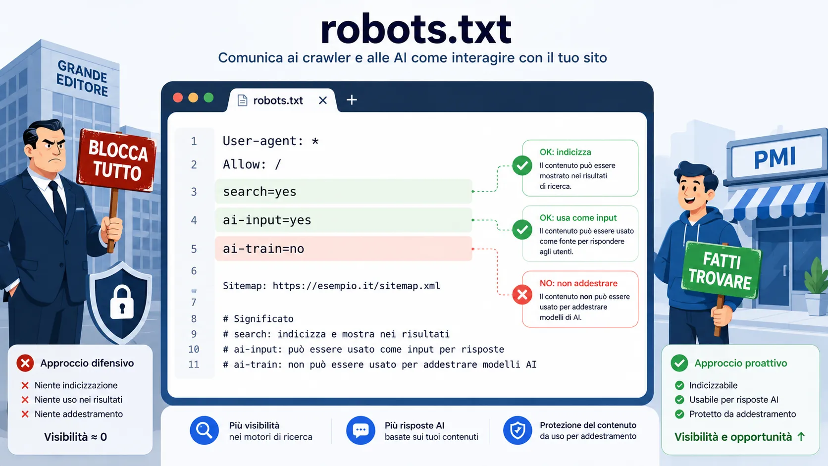 Bot AI e i tuoi contenuti: cosa deve fare davvero una PMI nel 2026 9 Infografica robots.txt con direttive search, ai-input e ai-train: grande editore blocca tutto vs PMI con approccio proattivo per visibilità AI
