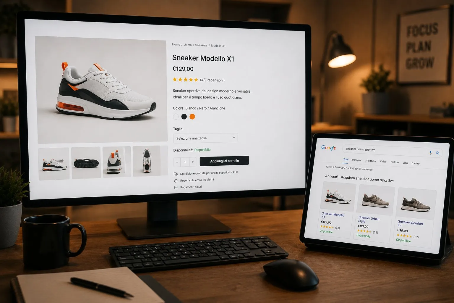 Schede Prodotto SEO: Ottimizzazione Completa 13 Monitor con scheda prodotto sneaker ottimizzata e tablet con risultati Google Shopping con prezzi, recensioni e disponibilità