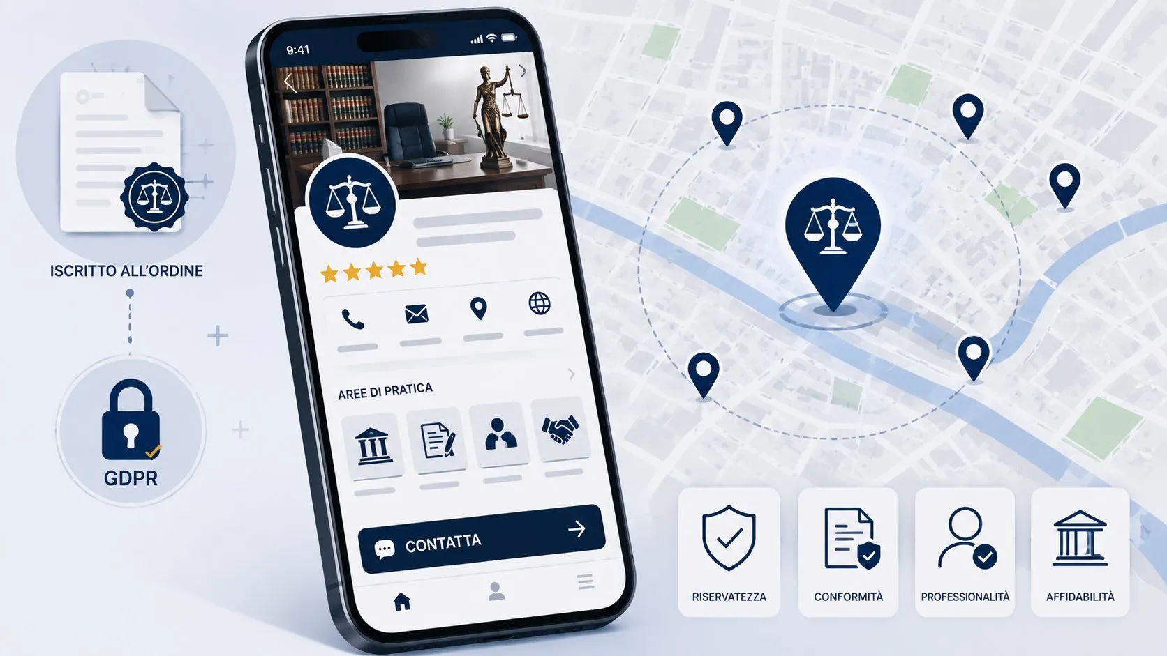 Sito web per avvocati: cosa serve davvero (e cosa vieta il codice deontologico) 11 Smartphone con scheda Google Business Profile studio legale, mappa local pack, icone GDPR e iscritto all'ordine, aree di pratica
