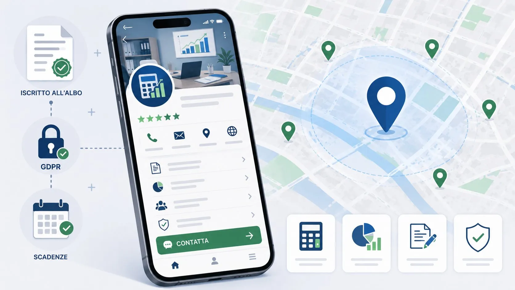 Sito web per commercialisti: cosa serve davvero (e cosa vieta il codice deontologico) 13 Smartphone con scheda Google Business Profile studio commercialista, mappa local pack, icone GDPR, iscritto all'albo e scadenze