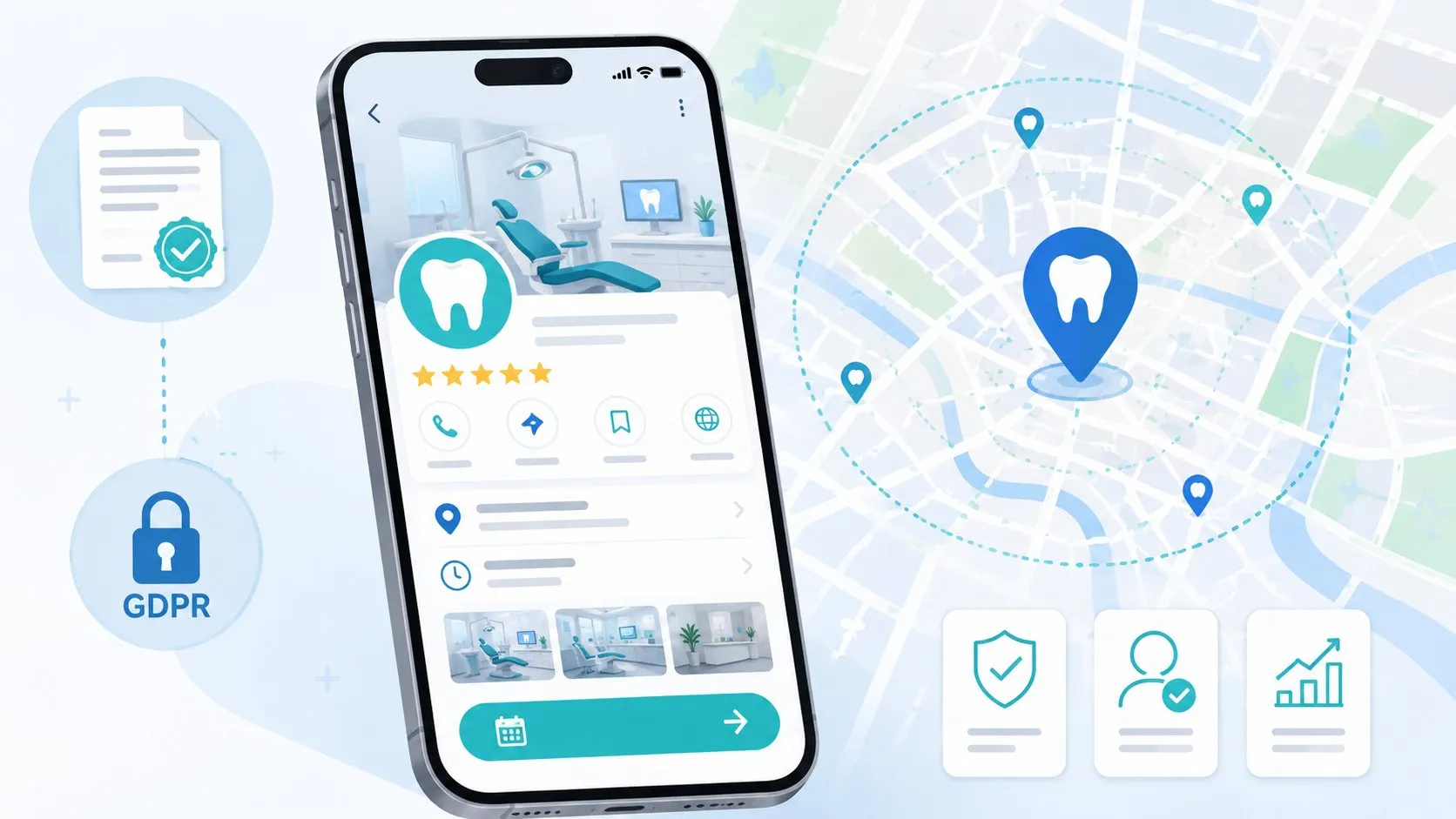 Sito web per dentisti: cosa serve davvero (e cosa vieta la legge) 3 Smartphone con scheda Google Business Profile studio dentistico, mappa local pack con pin, icone GDPR, conformità e crescita