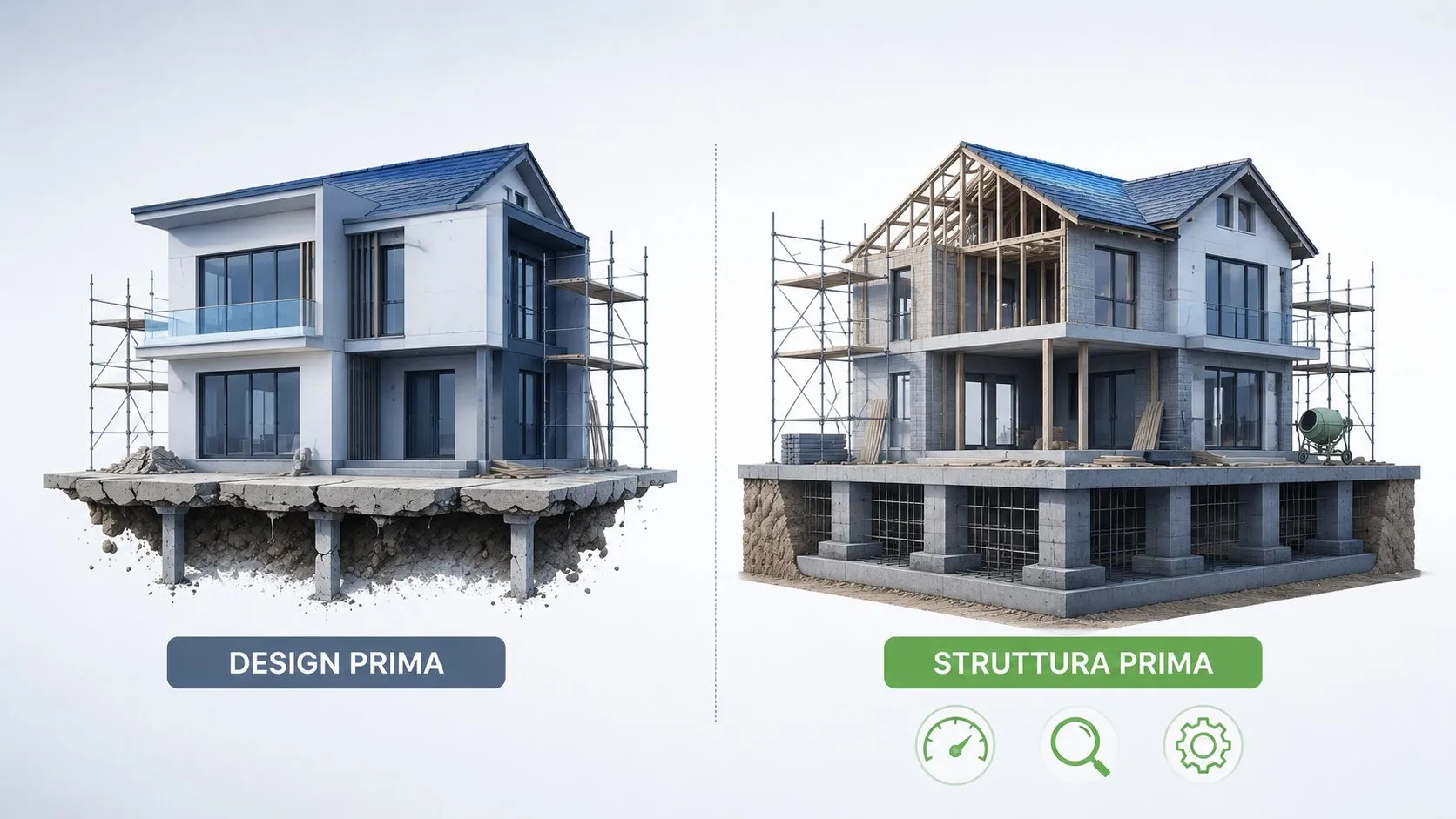 Sito web e SEO: perché costruirli separati ti costa il doppio 7 Confronto case: sinistra design finito con fondamenta deboli, destra struttura solida con icone velocità ricerca ottimizzazione