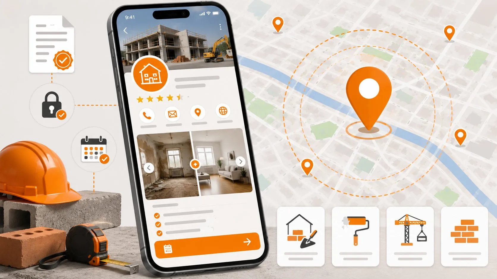 Sito web per imprese edili e artigiani: come trasformare i lavori in clienti 15 Smartphone con scheda Google Business impresa edile, split screen ristrutturazione prima e dopo, mappa local, casco e mattoni